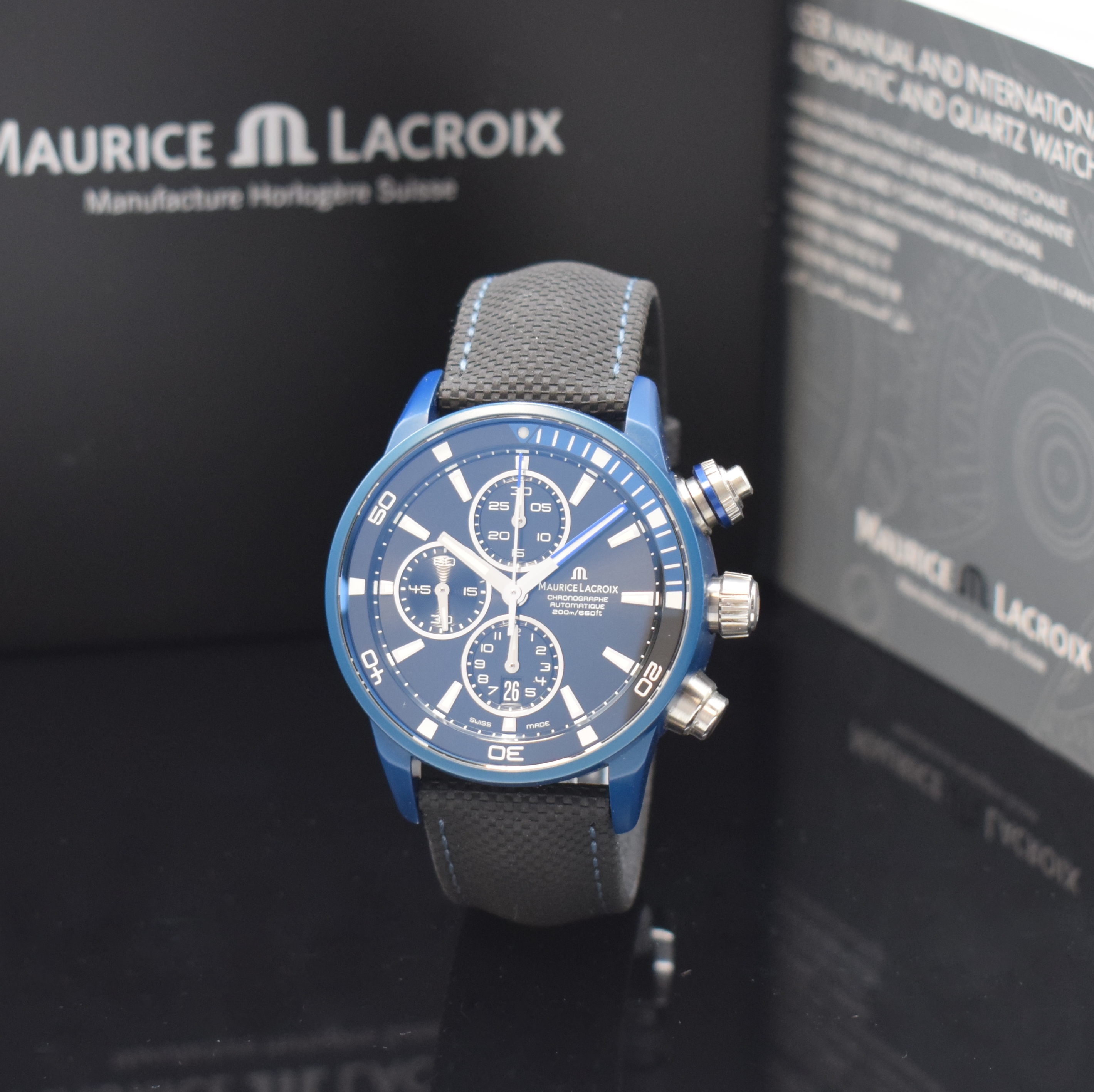 MAURICE Lacroix Pontos S Extreme Powerlite Herrenchronograph in Titan blau Referenz PT 6028, Schweiz verk. lt. beil. Pap. 01/2022, Automatik, Boden ...