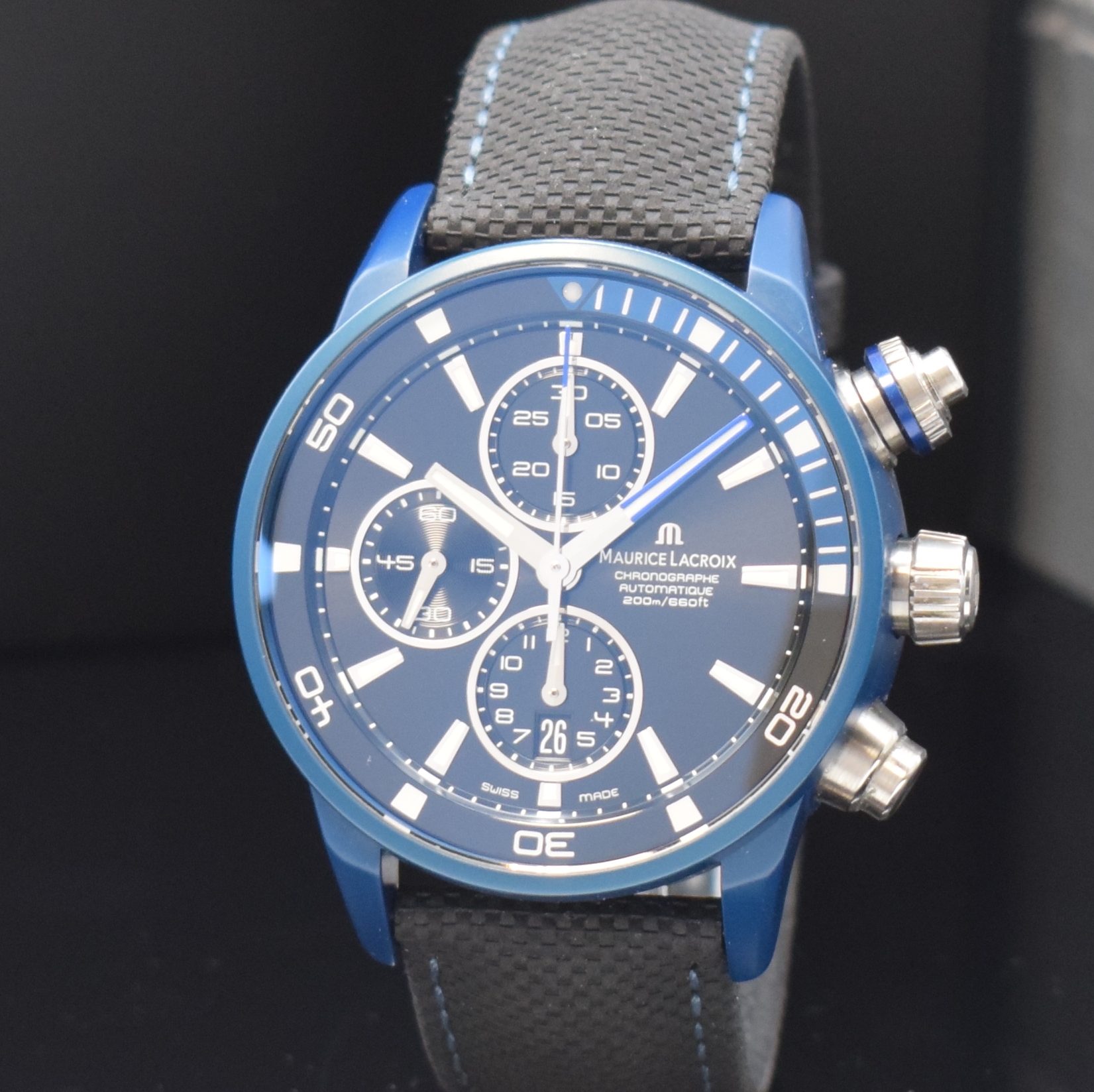 Detail a: MAURICE Lacroix Pontos S Extreme Powerlite Herrenchronograph in Titan blau Referenz PT 6028, Schweiz verk. lt. beil. Pap. 01/2022, Automatik, Boden ...