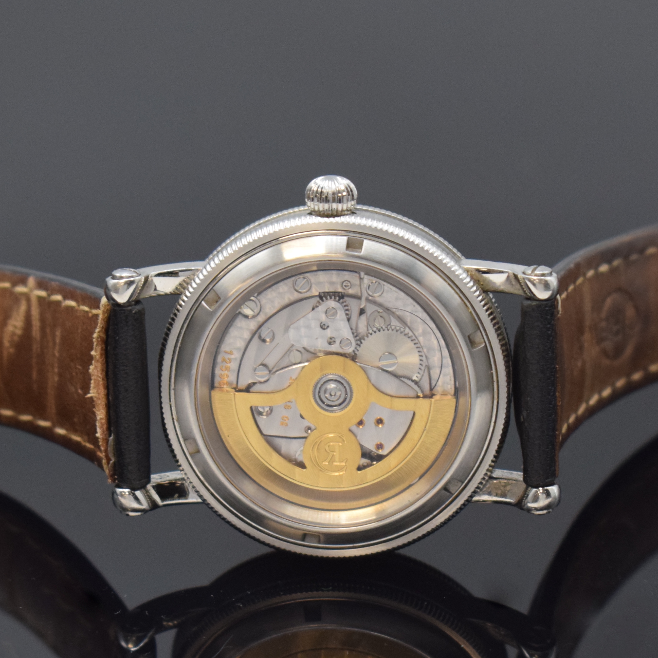 Detail f: CHRONOSWISS Regulateur Herrenarmbanduhr in Stahl Referenz CH 1223, Schweiz um 1995, Automatik, beids. vergl. Geh. m. Eigentümergravur, Boden ...