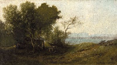 Image 26872011 - Leonhard Faustner, 1815-1884, Bauernhaus am Seeufer, rastender Mann im Gespräch mit ...