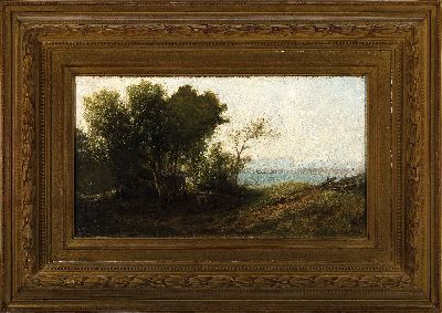 26872011k - Leonhard Faustner, 1815-1884, Bauernhaus am Seeufer, rastender Mann im Gespräch mit ...