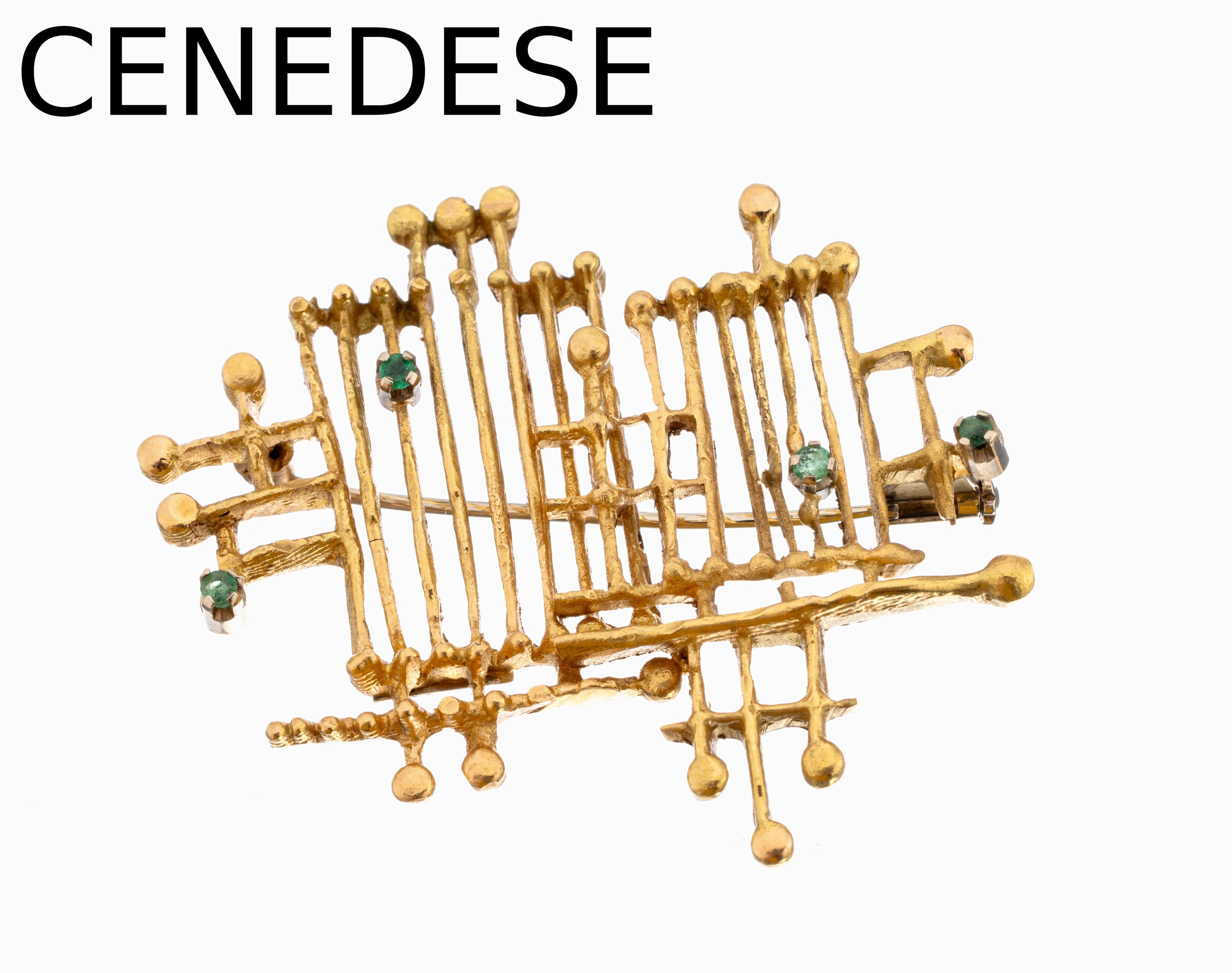 Ausgefallene 18 kt Gold Smaragd-Brosche, GG750/000, Stäbchen abstr. angeordnet, z.T. mit kl. rundfacett. Smaragden, Enden mit Kugelabschlüssen, ...