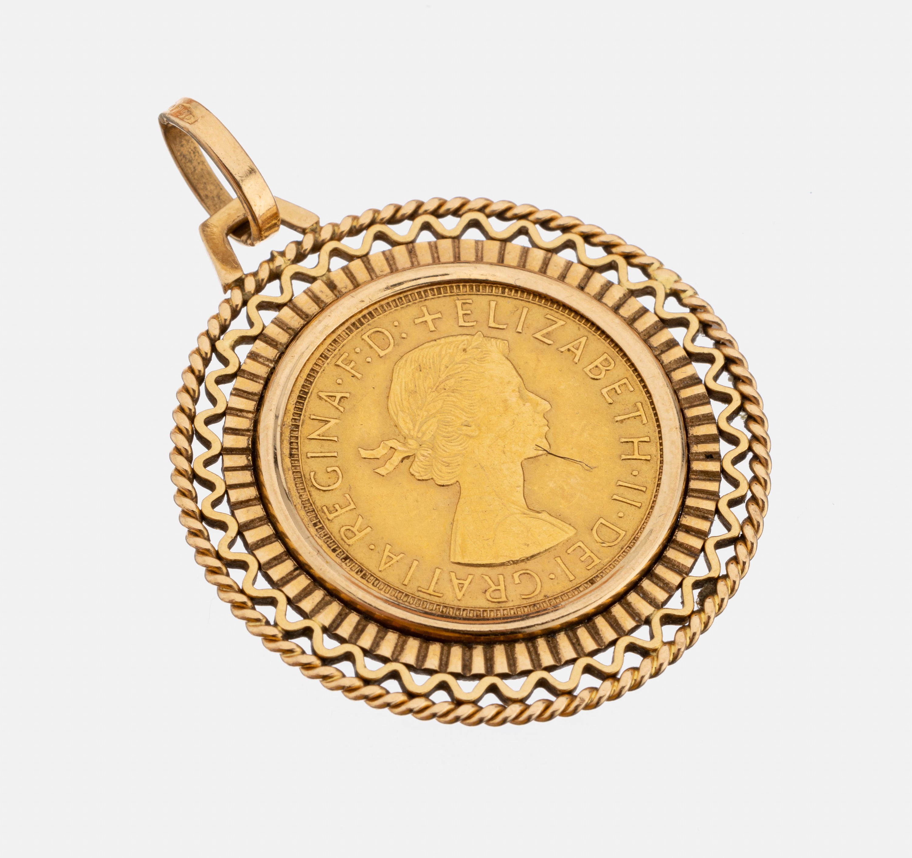 18 kt Gold Münz-Anhänger, GG 750/000, Münzeinlage: Sovereign Elisabeth II. 1957, rv:Hlg. Georg mit dem Drachen kämpfend