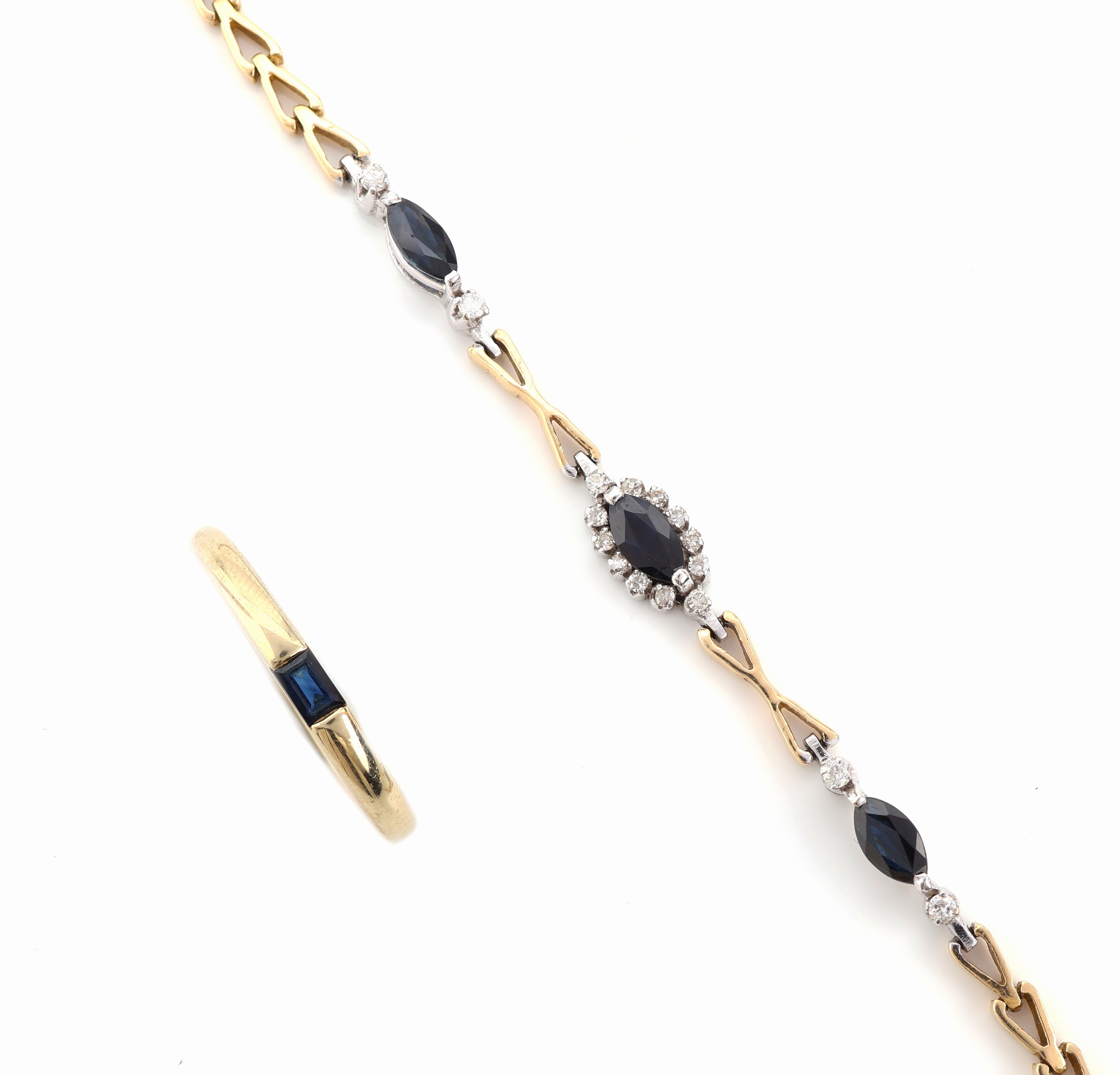 18 und 14 kt Gold Saphir-Diamant-Konvolut, best. aus: Armband, GG/WG 750/000, 3 Saphir- Navettes zus. ca. 0.60 ct, 16 Brillanten und Diamanten zus. ...