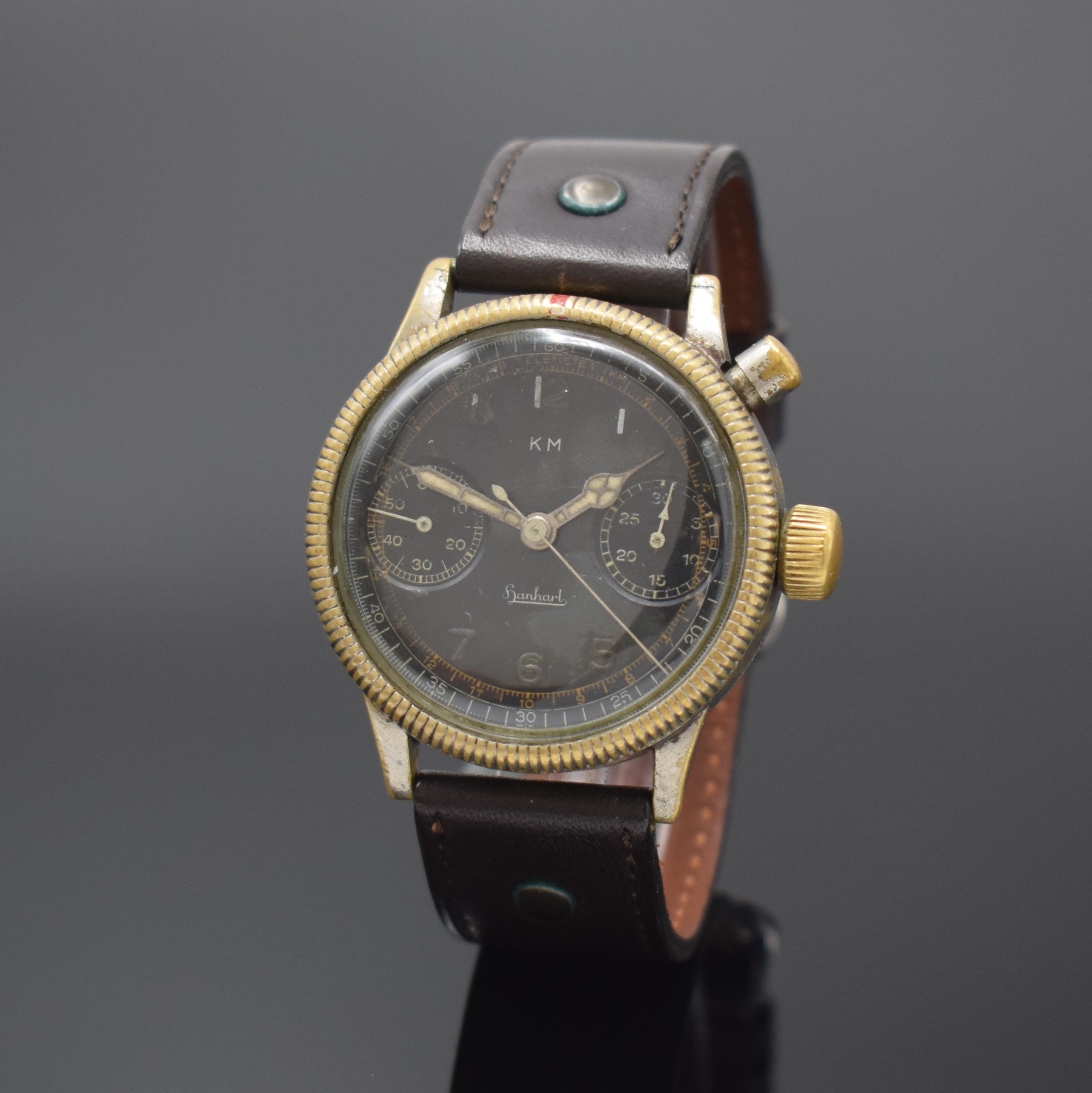 HANHART KM Armbandchronograph der deutschen Kriegsmarine, Deutschland um 1940, Handaufzug, vernick. Geh. berieb., verschr. Stahlboden m. ausgedrehtem ...