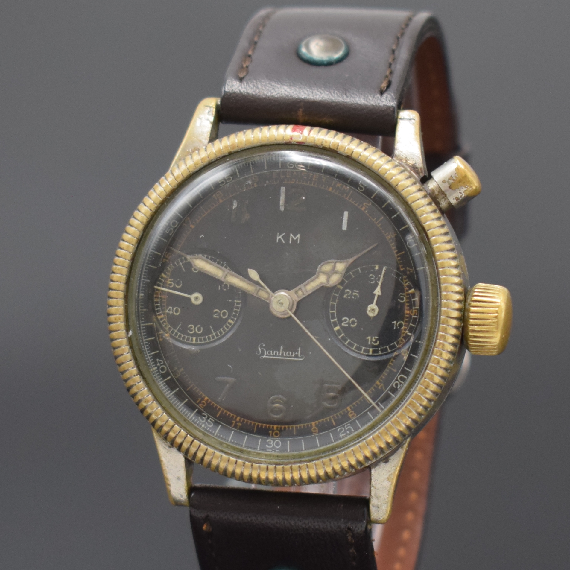 Detail a: HANHART KM Armbandchronograph der deutschen Kriegsmarine, Deutschland um 1940, Handaufzug, vernick. Geh. berieb., verschr. Stahlboden m. ausgedrehtem ...