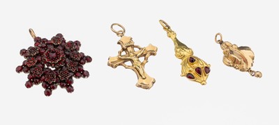 Image Konvolut 3 Biedermeier- und 1 Granat-Anhänger,deutsch um 1880/90, Schaumgold, in ...