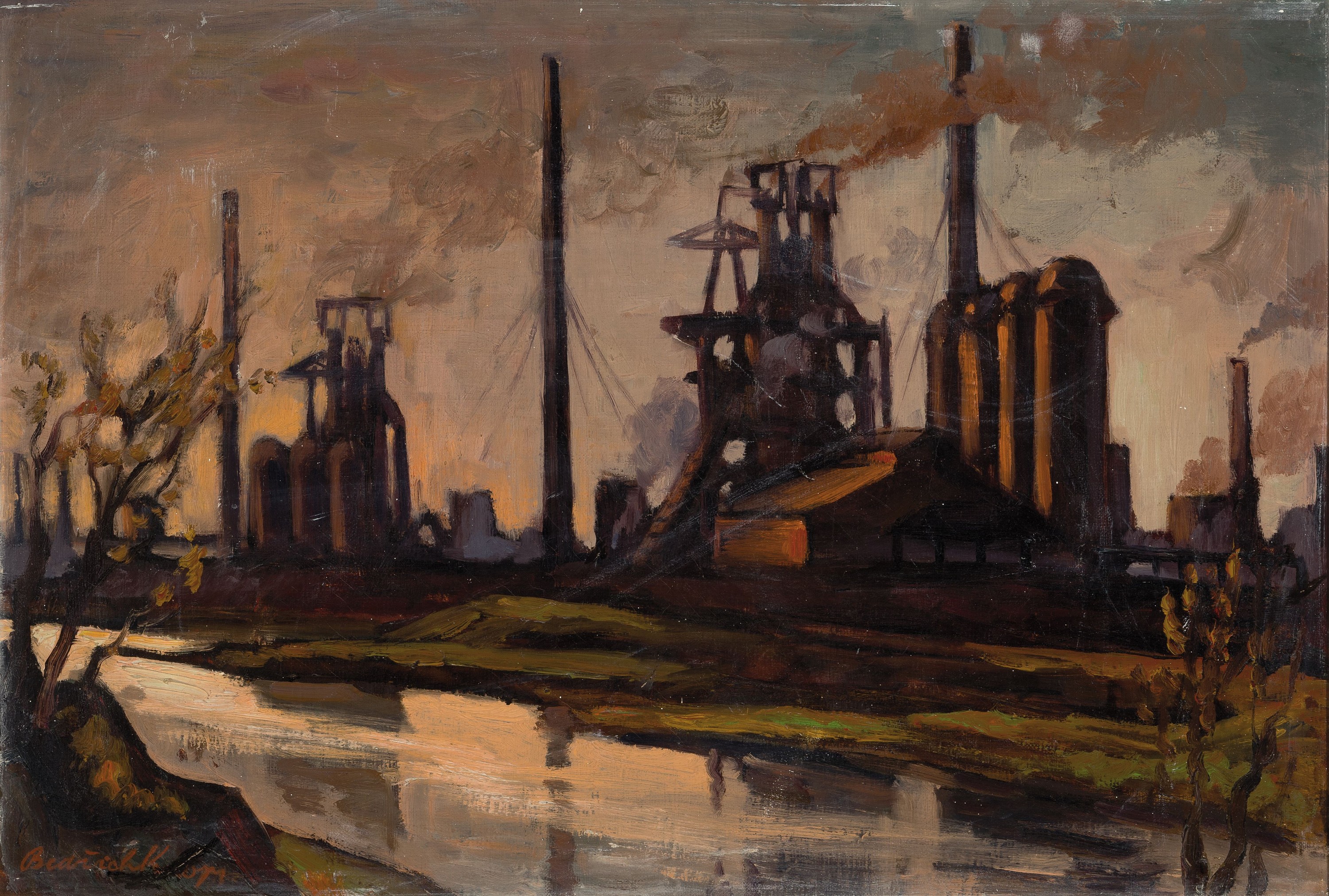 Bedrich K..., ungedeuteter Künstler der Mitte des 20.Jh., Industrielandschaft im Abendlicht, Öl/Lwd, links unten signiert, auf Keilrahmen ...