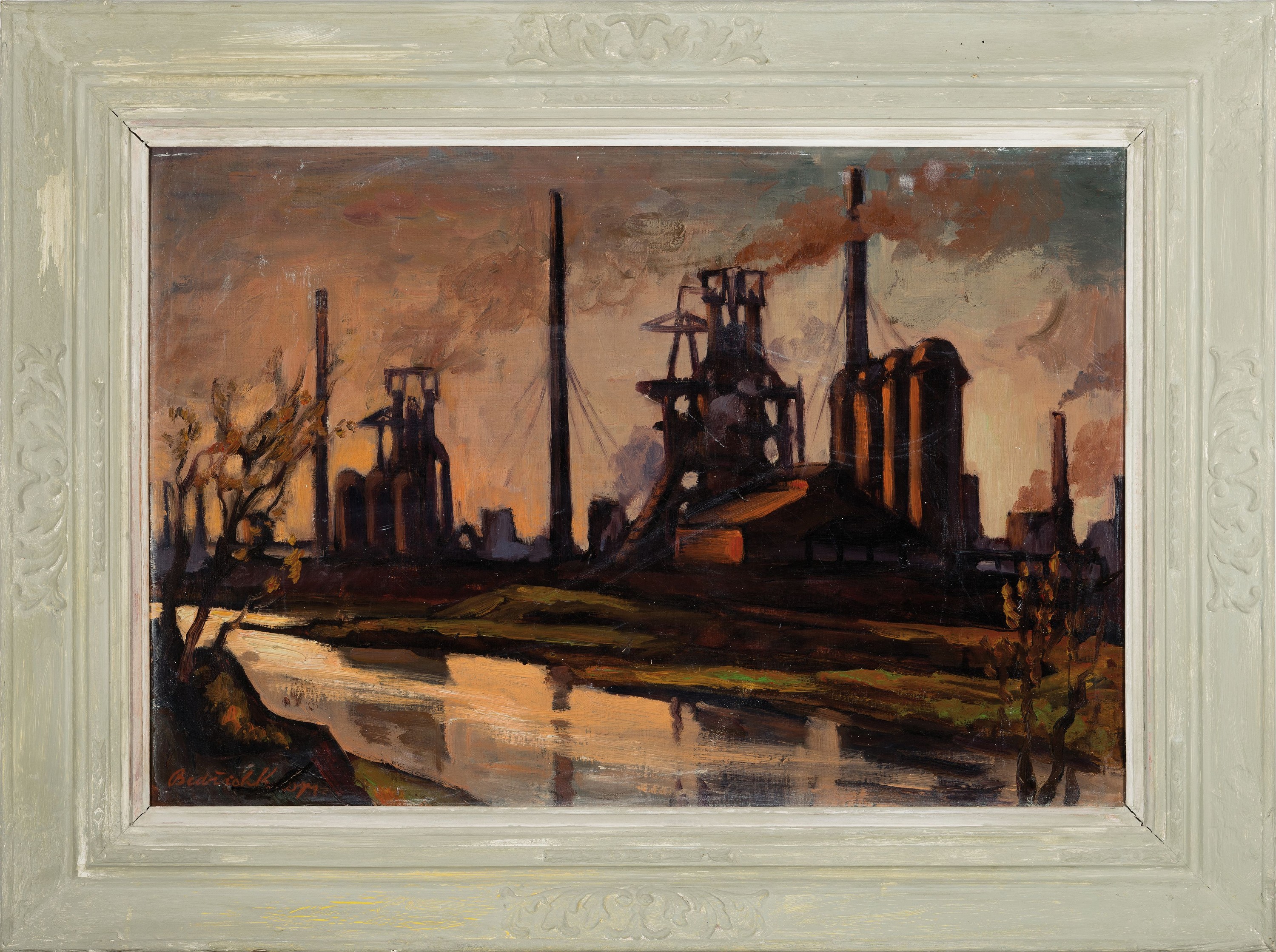 Detail k: Bedrich K..., ungedeuteter Künstler der Mitte des 20.Jh., Industrielandschaft im Abendlicht, Öl/Lwd, links unten signiert, auf Keilrahmen ...