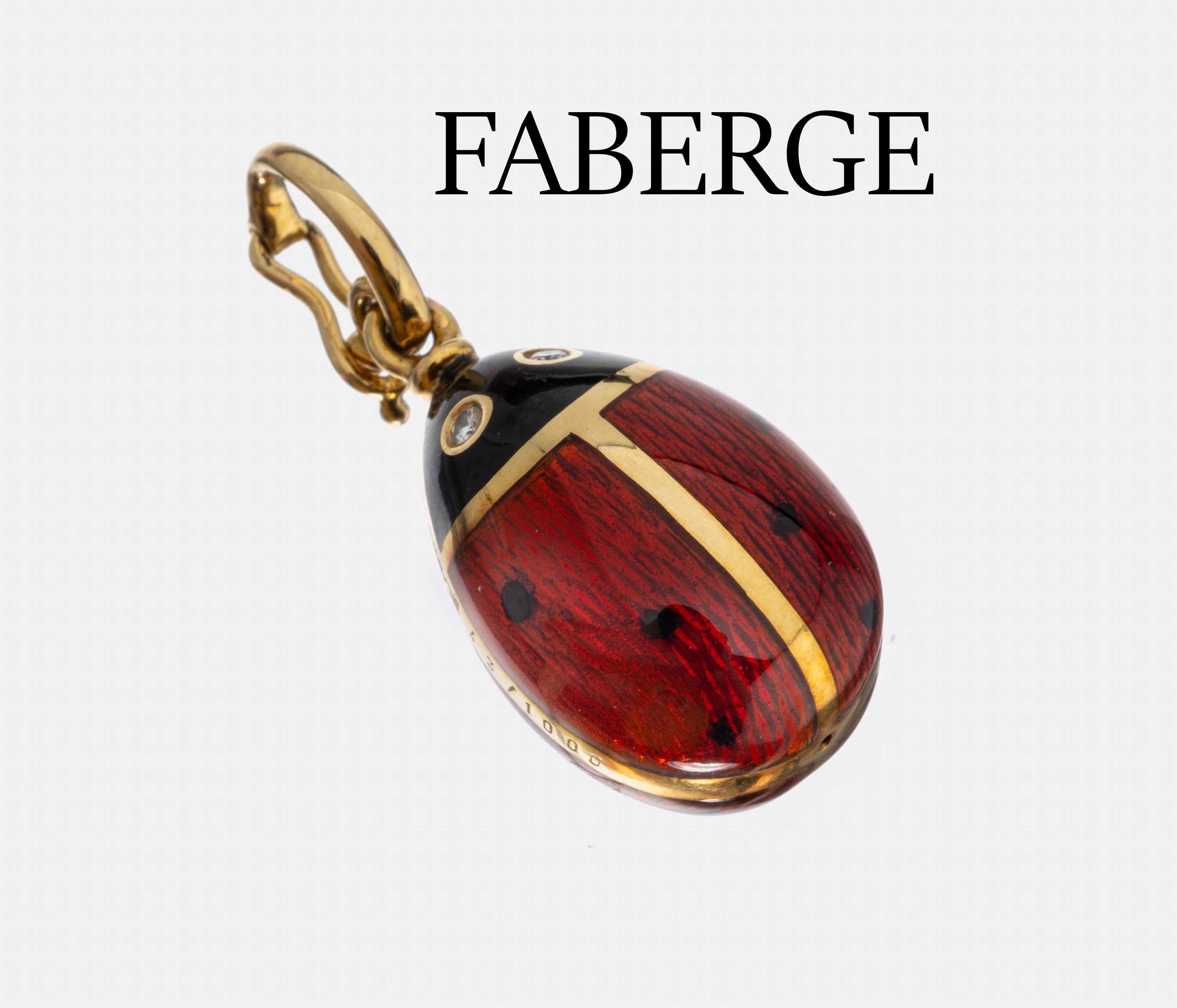 18 kt Gold FABERGE Email-Diamant-Anhänger, GG 750/000, limitierte Auflage, hier 43/1000, transluzid rot emaill., Kopf und Punkte schwarz emaill., ...