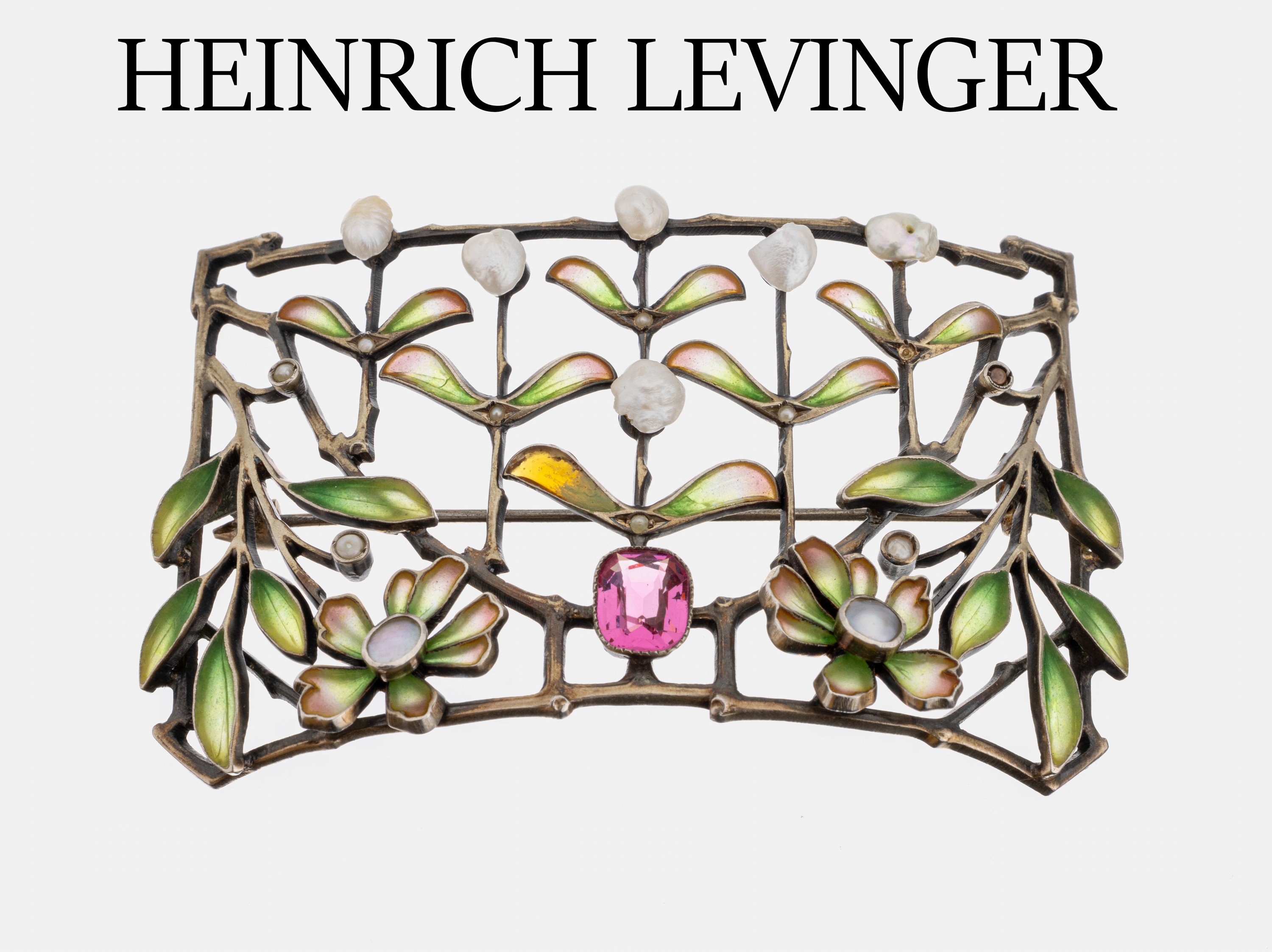 Jugendstil Brosche, HEINRICH LEVINGER Pforzheim um 1900, Silber, barocker Perlchenbesatz, plique-a-jour-Email im Verlaufvon grün bis rosa, L. ca. 7 ...
