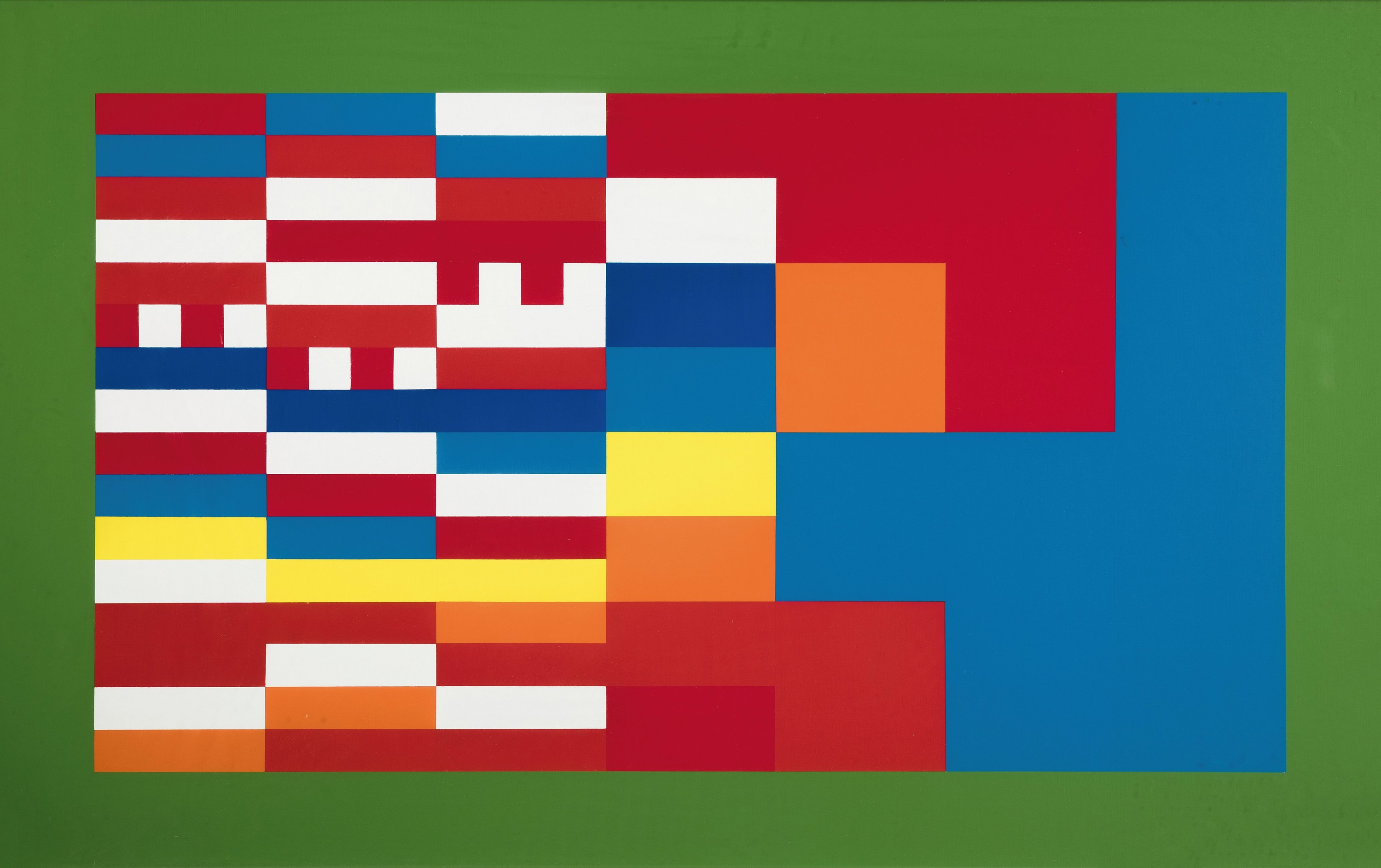 FUTURE7, "UEFA-Protokoll" 2004, Ed.5/5, Acryl auf Platte, künstlich generierte Komposition, unter Glas gerahmt 44x68 cm; Künstlerduo ...
