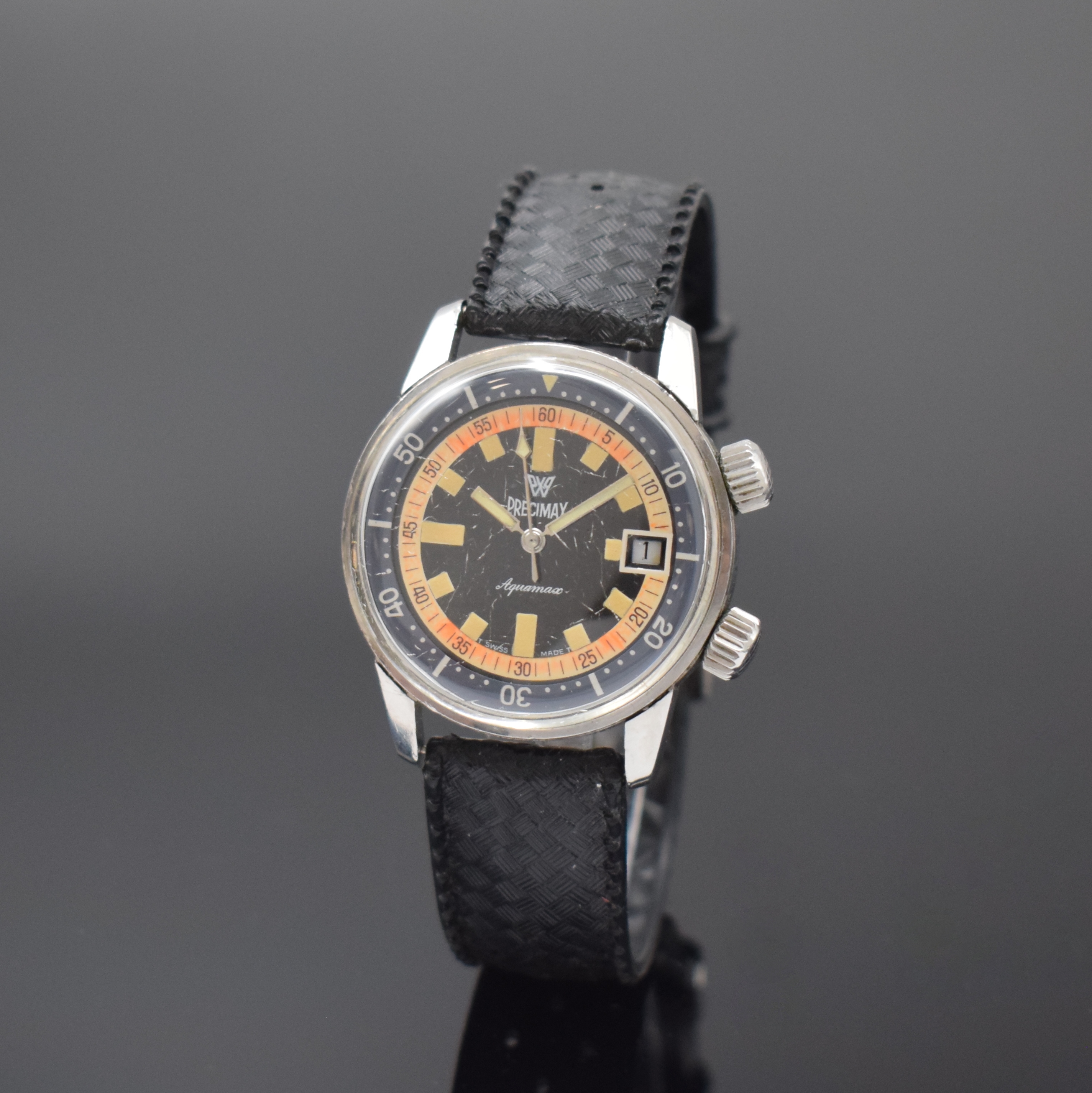 PRECIMAX Aquamax Taucherarmbanduhr in Stahl, Schweiz um 1968, Automatik, verschr. Super- Kompressor Geh., Boden m. Tauchersymbol berieb., graue, ...