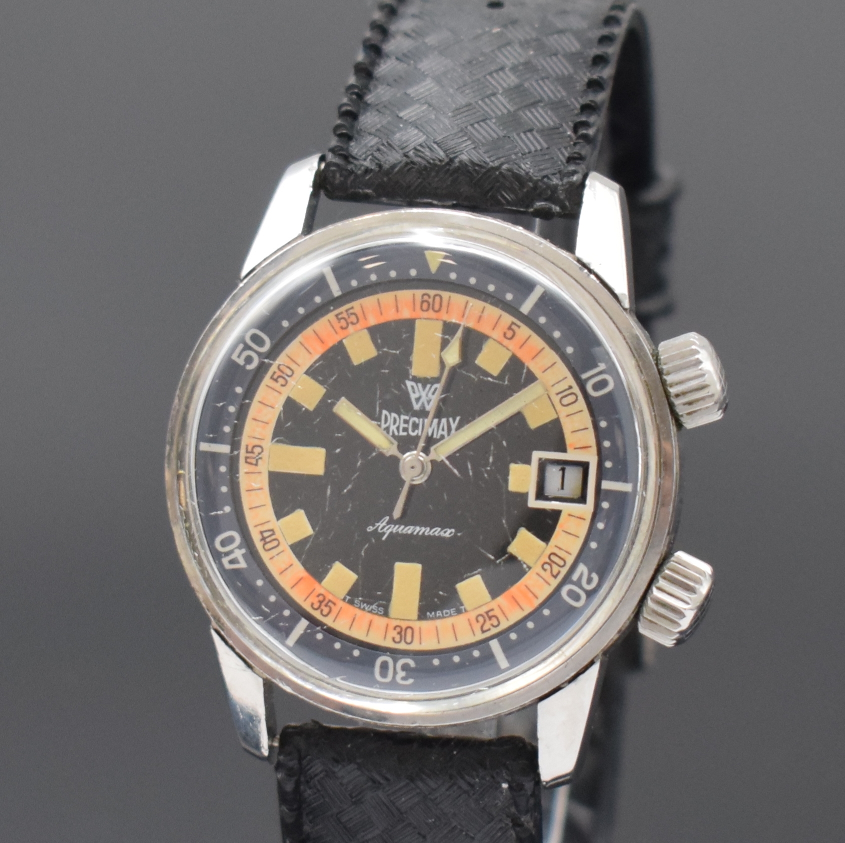 Detail a: PRECIMAX Aquamax Taucherarmbanduhr in Stahl, Schweiz um 1968, Automatik, verschr. Super- Kompressor Geh., Boden m. Tauchersymbol berieb., graue, ...