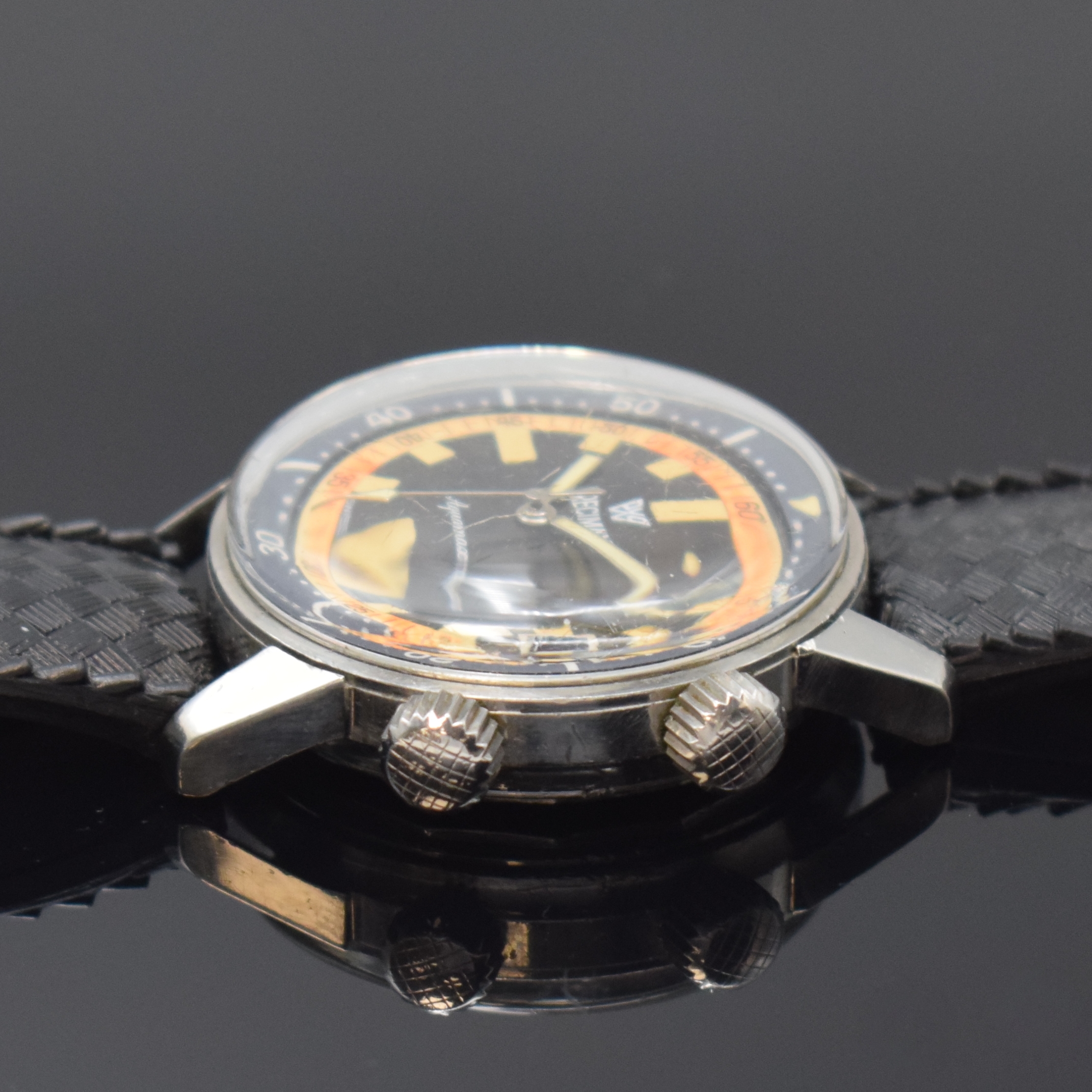 Detail b: PRECIMAX Aquamax Taucherarmbanduhr in Stahl, Schweiz um 1968, Automatik, verschr. Super- Kompressor Geh., Boden m. Tauchersymbol berieb., graue, ...