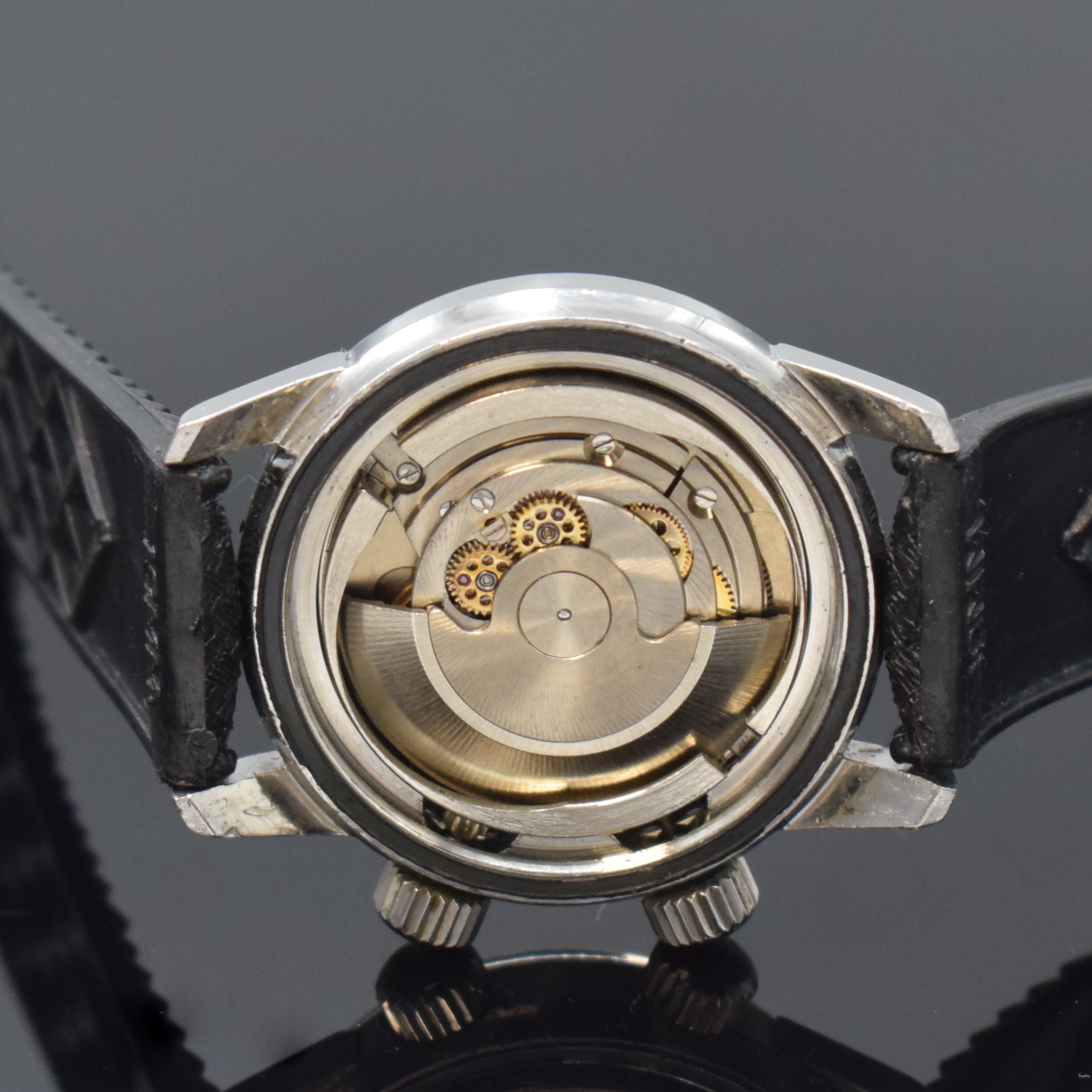 Detail e: PRECIMAX Aquamax Taucherarmbanduhr in Stahl, Schweiz um 1968, Automatik, verschr. Super- Kompressor Geh., Boden m. Tauchersymbol berieb., graue, ...