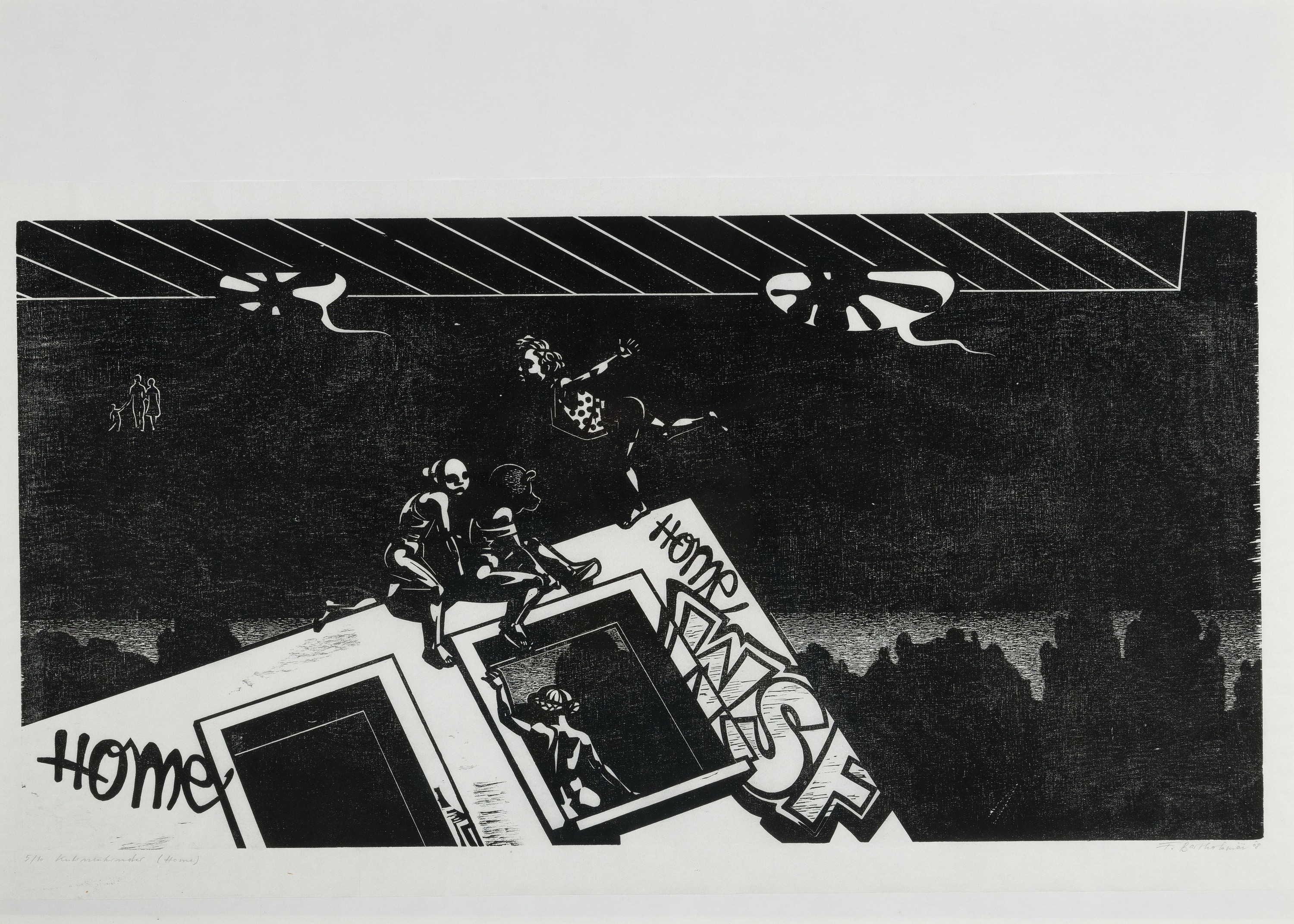 Franca Bartholomäi, geb. 1975 Hohenmölsen, Holzschnitt "Kulissenkinder (Home)", 2008, Tendenzen der Street Art und des sozialistischen ...