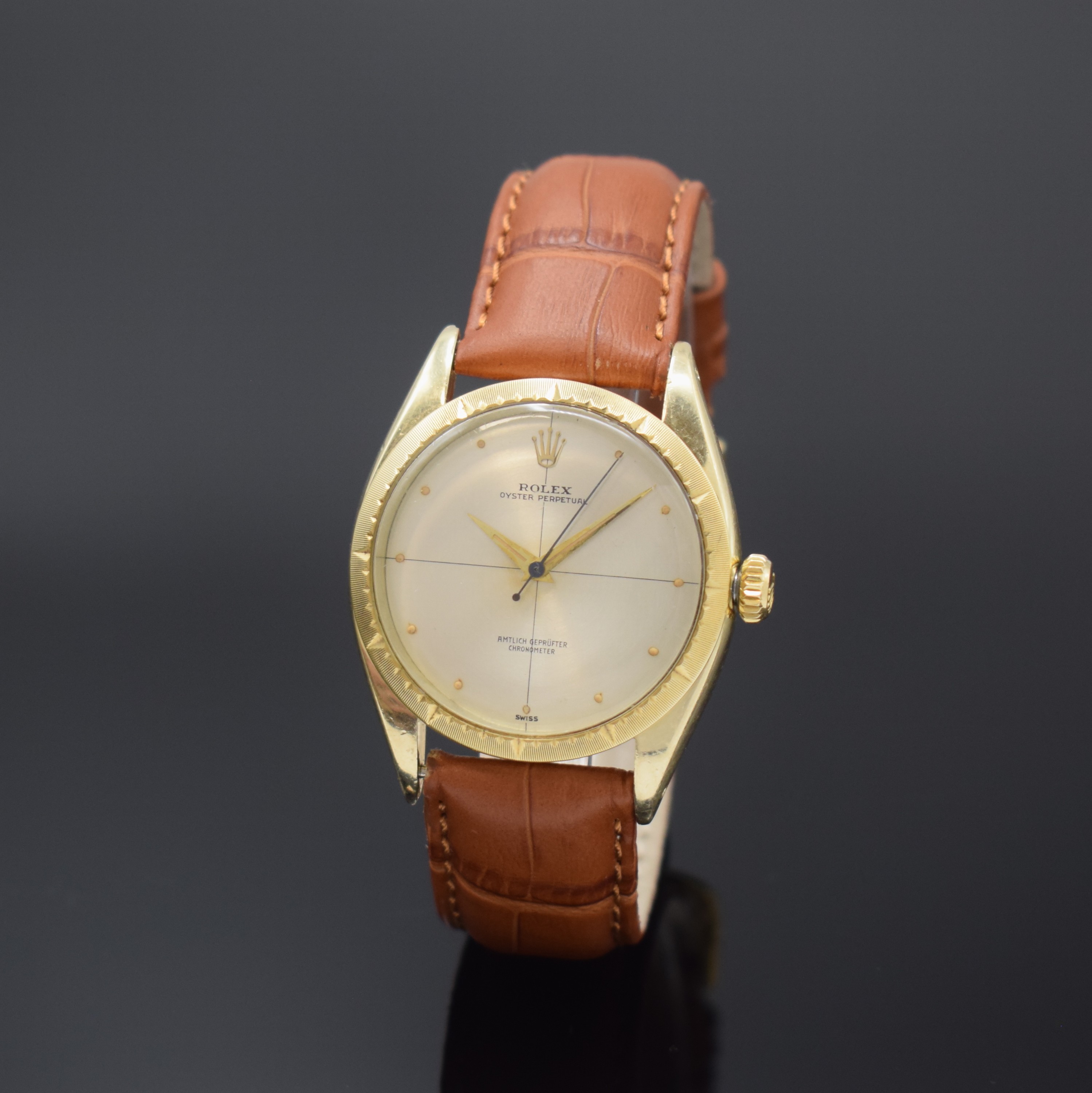 ROLEX Zephyr sehr seltene "AMTLICH GEPRÜFTER CHRONOMETER" Herrenarmbanduhr Referenz 6582, Schweiz um 1955, GG 585/000, Boden mit Ref. 6582 ...