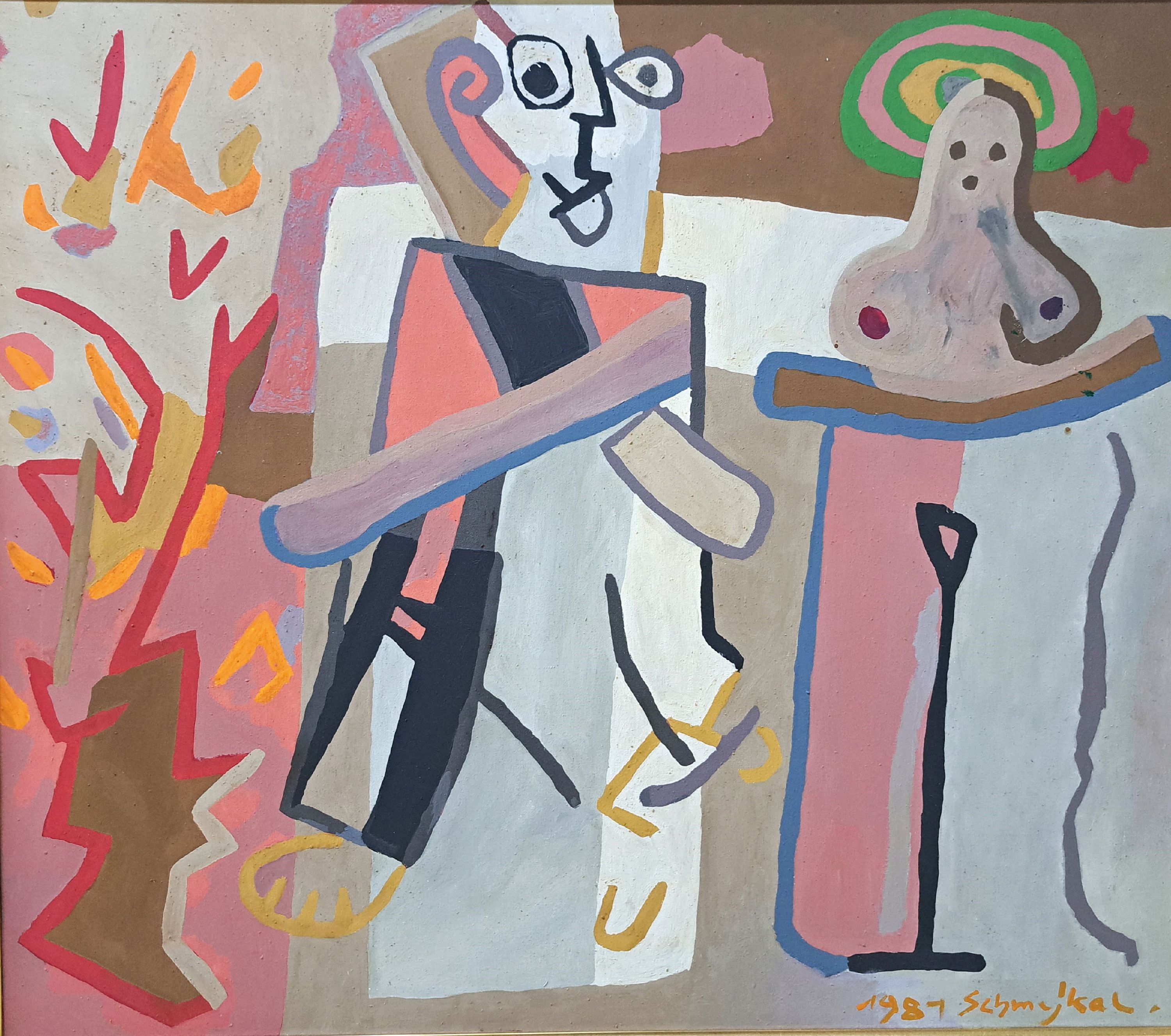 Detail k: Hans Jürgen Schmejkal, geb. 1941, zeitgenössische Künstler, kubistische Komposition in Referenz auf Picassos Künstler und Muse-Motivik, 1981, ...