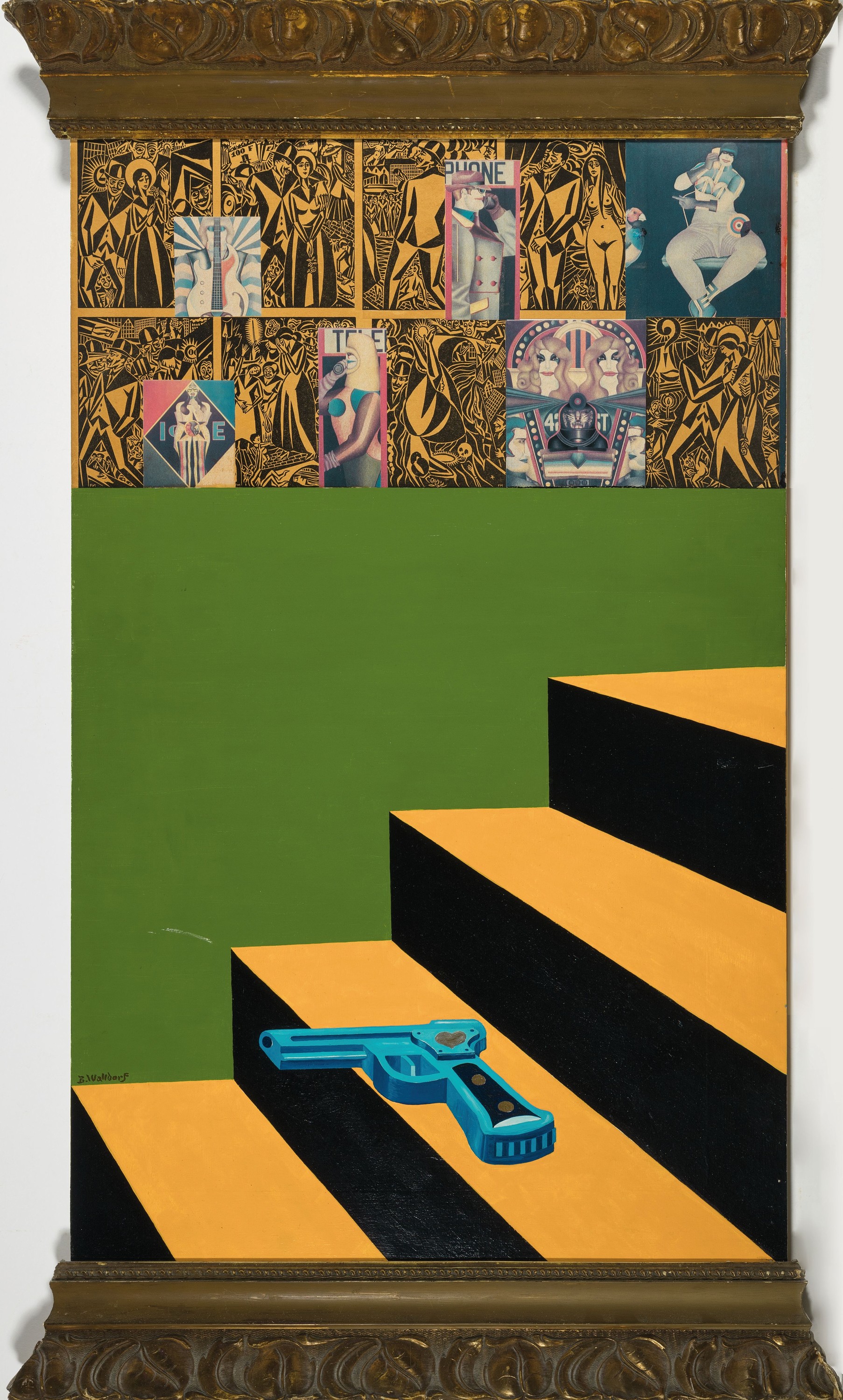 Benno Walldorf, 1928 Gießen-1985 Bad Homburg , "Pistolen-Ikone", 1969, Collage: Acryl undPapier auf Holzplatte, verso bezeichnet, Etikett ...