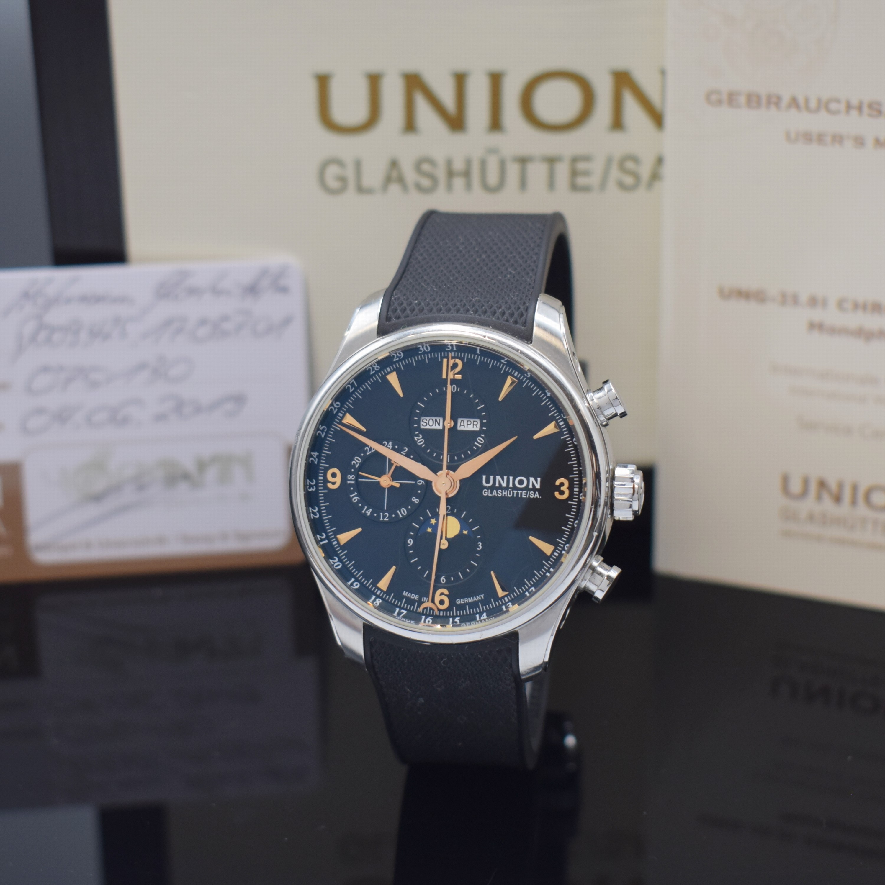 UNION Glashütte Belisar Armbandchronograph mit Vollkalenderanzeige in Stahl, Deutschland lt. orig. Pap. verk. 2019, Automatik, beids. vergl. Geh., ...