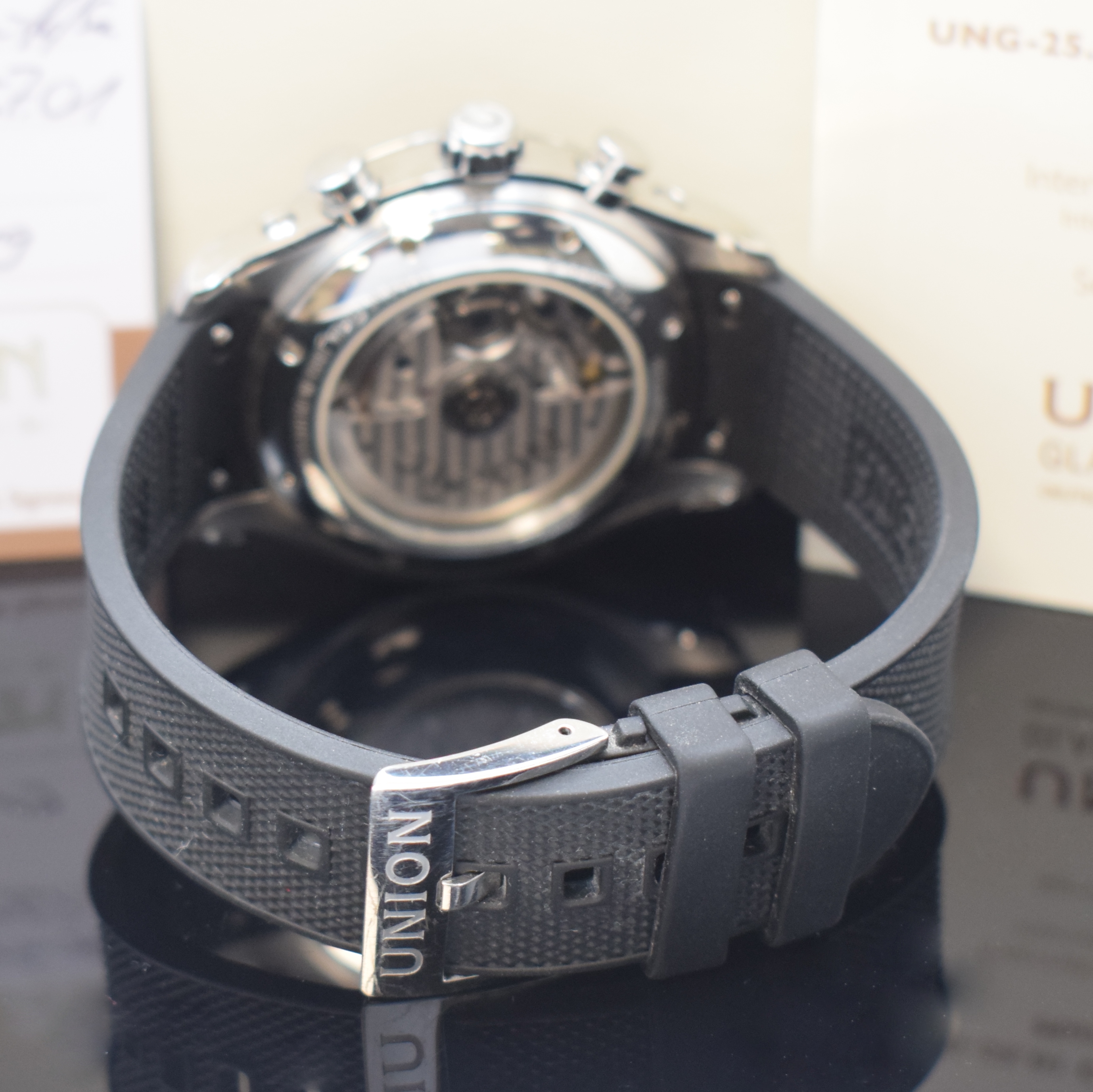 Detail b: UNION Glashütte Belisar Armbandchronograph mit Vollkalenderanzeige in Stahl, Deutschland lt. orig. Pap. verk. 2019, Automatik, beids. vergl. Geh., ...