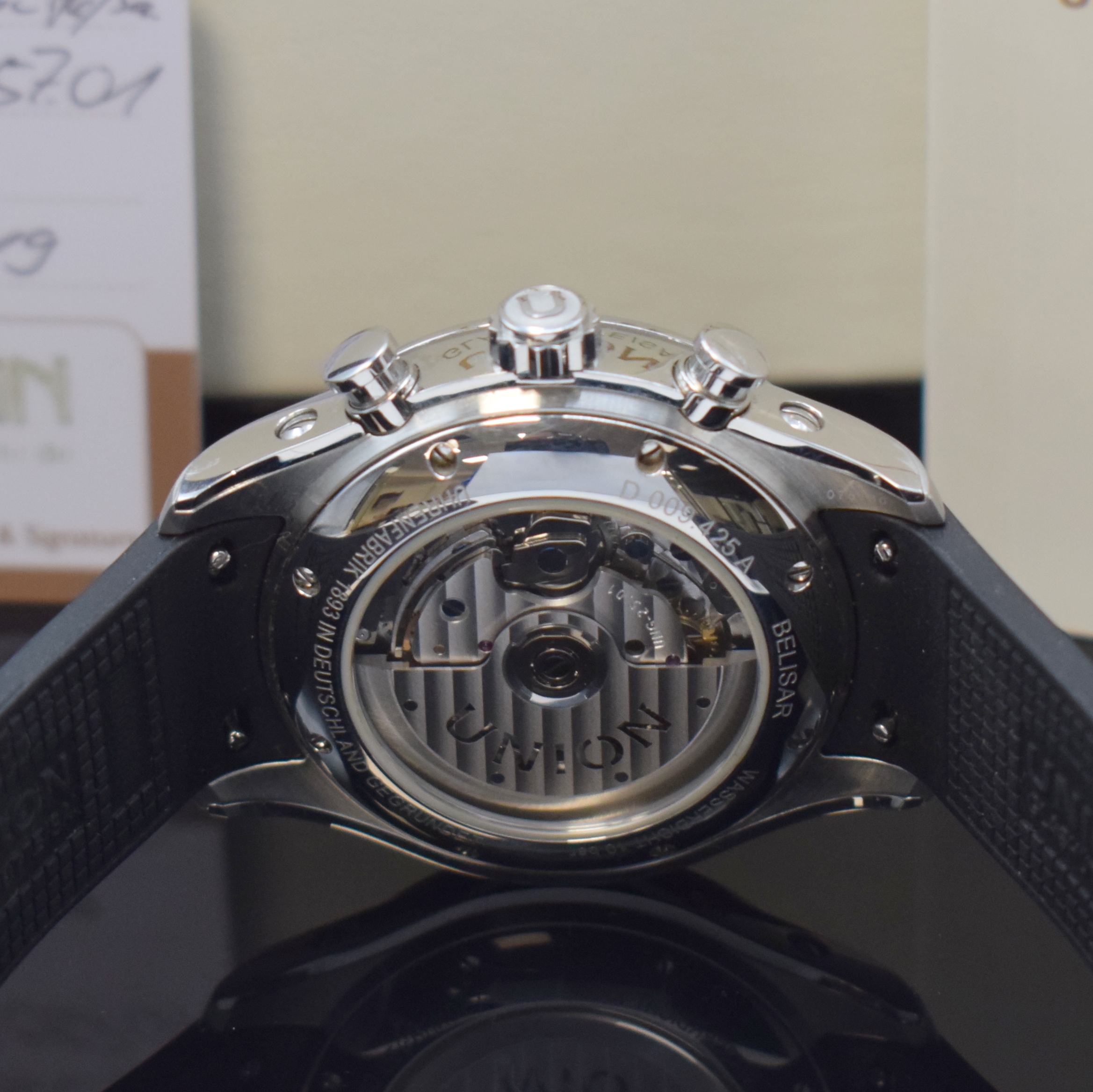Detail e: UNION Glashütte Belisar Armbandchronograph mit Vollkalenderanzeige in Stahl, Deutschland lt. orig. Pap. verk. 2019, Automatik, beids. vergl. Geh., ...