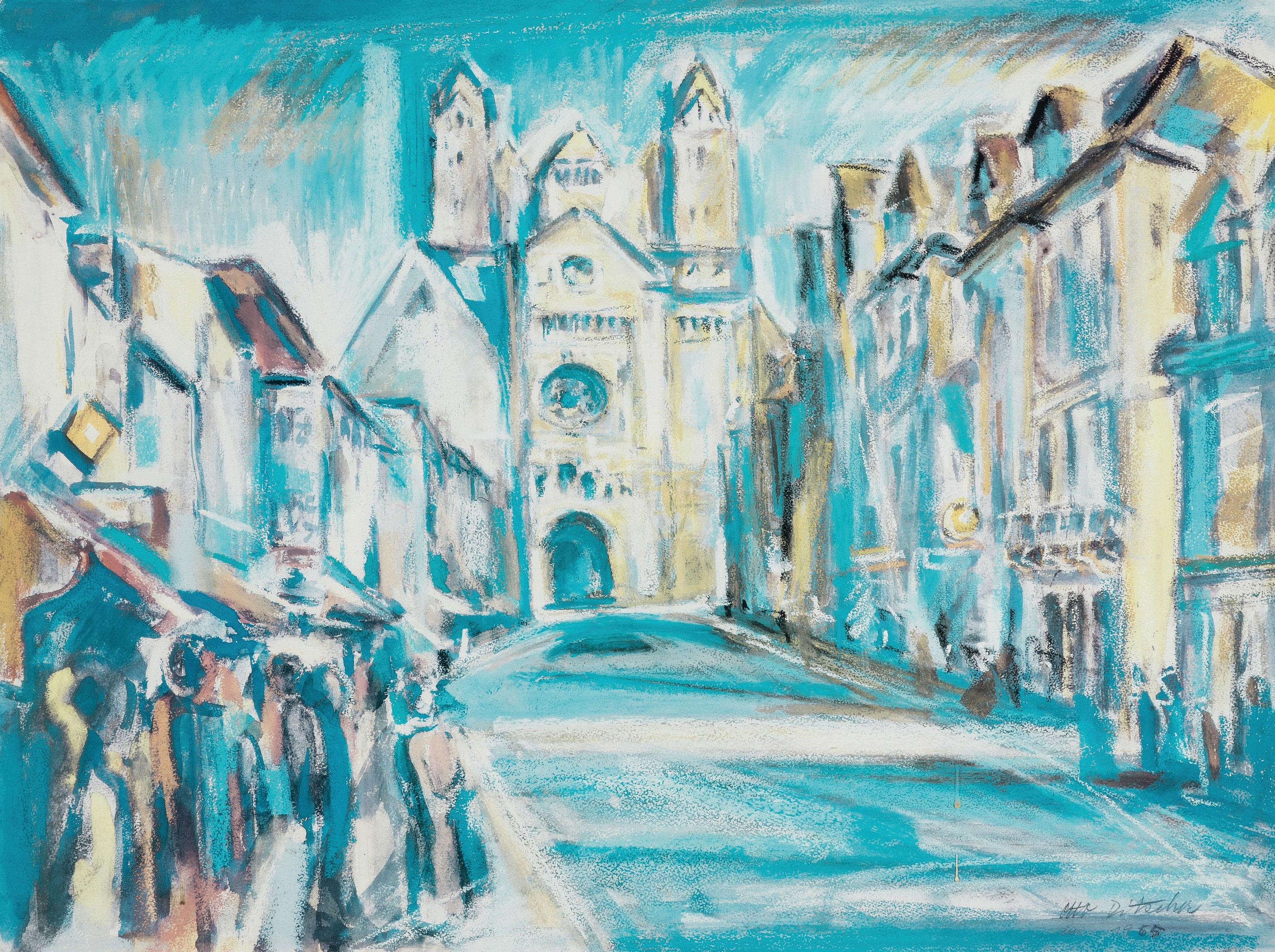 Otto Ditscher, 1903-1987 Neuhofen, Blick über die Maximiliansstraße auf den Dom zu Speyer, Pastell und Gouache auf Papier, rechts unten signiert ...