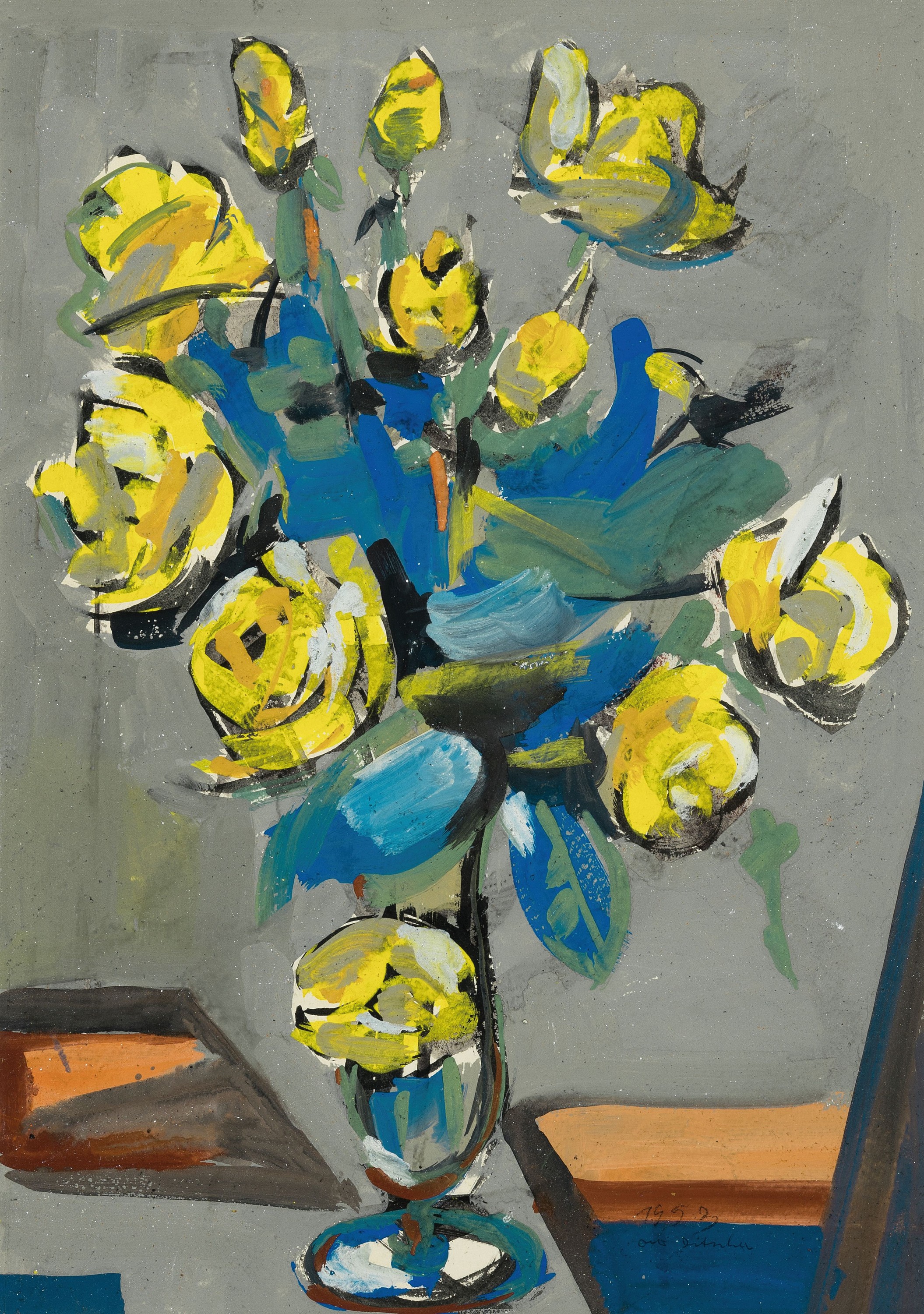 Otto Ditscher, 1903-1987 Neuhofen, Stillleben mit gelben Blumen, Gouache auf Papier, rechts unten signiert und dat. 1953, ca. 50x35cm, PP, u.Gl., R. ...