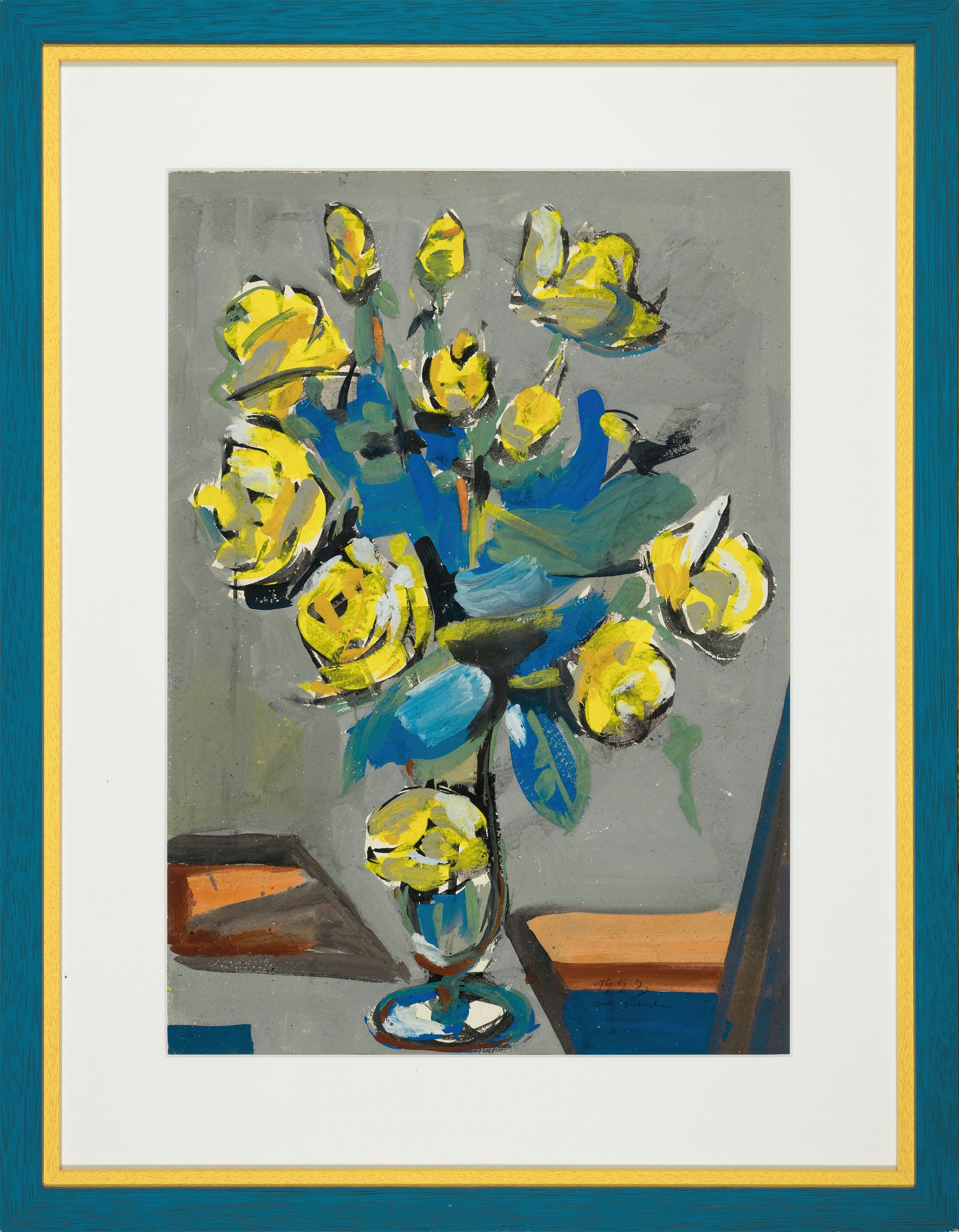 Detail k: Otto Ditscher, 1903-1987 Neuhofen, Stillleben mit gelben Blumen, Gouache auf Papier, rechts unten signiert und dat. 1953, ca. 50x35cm, PP, u.Gl., R. ...
