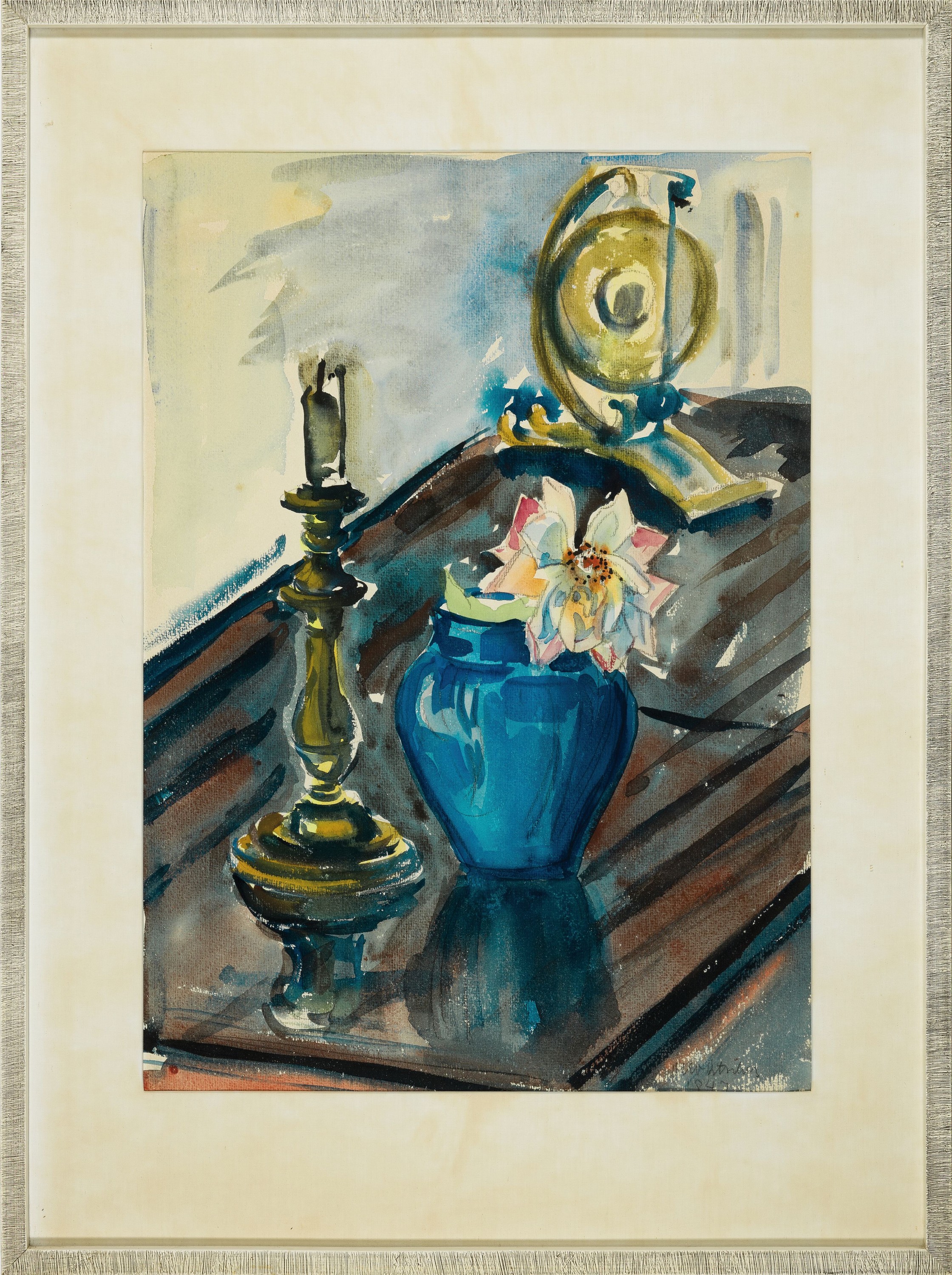 Detail k: Otto Ditscher, 1903-1987 Neuhofen, Stillleben mit Vase, Kerzenleuchter und Gong, Gouache auf Papier, rechts unten signiert und dat. 1947, ca. ...