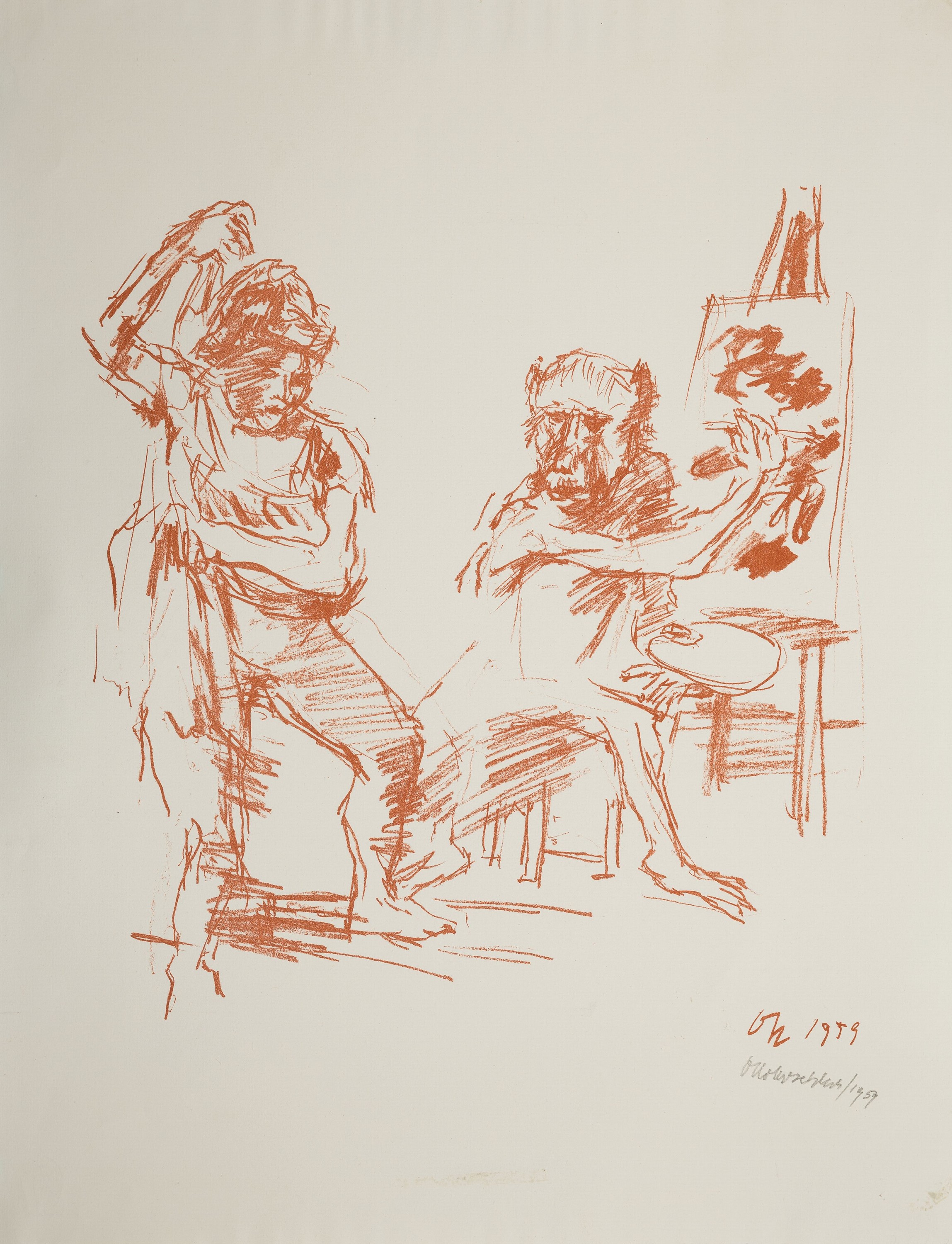 Detail k: Oskar Kokoschka, 1886-1980, Rötellithografie , Maler mit Model vor Staffelei, Rötellithografie, handsign., Blatt ca. 64x49 cm