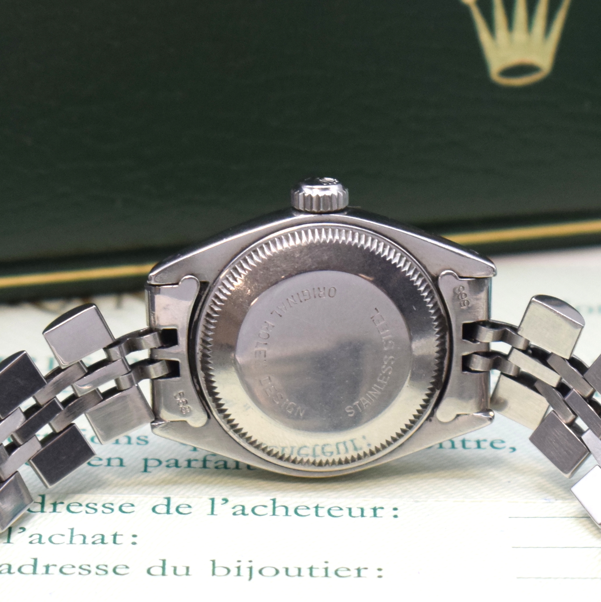 Detail e: ROLEX Oyster Date Referenz 6917 Damenarmbanduhr in Stahl/WG mit Box und Papier, Schweiz lt. orig. Pap. verk. 1983, Automatik, Oystergeh., Boden u. ...
