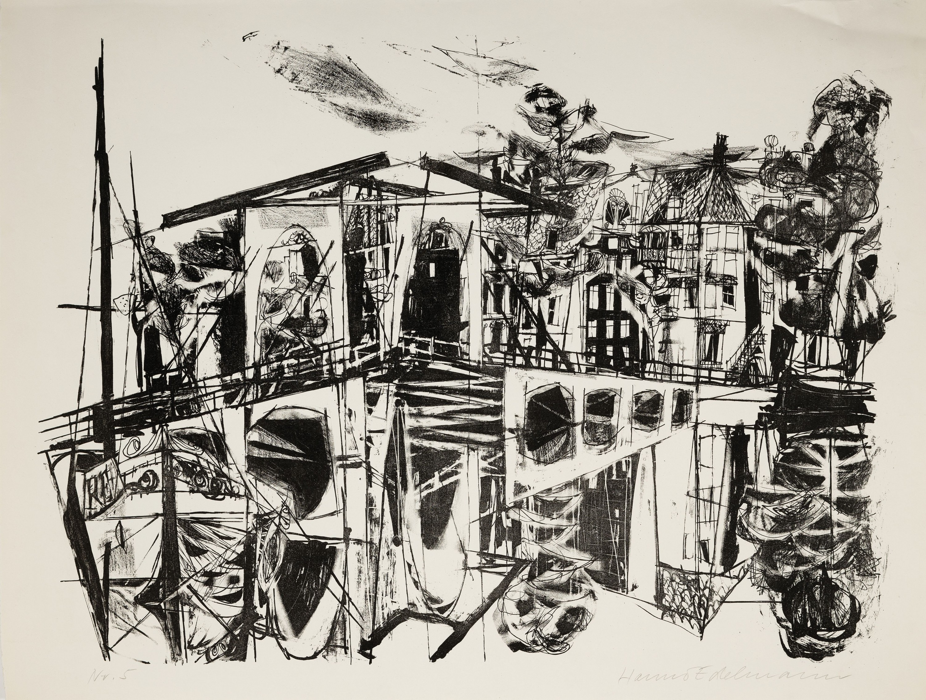 Detail k: Hanno Edelmann, 1923-2013, Lithografie, rechts unten sign., dat. Nr. 5, ca. 61x50 cm, knicken zusehen