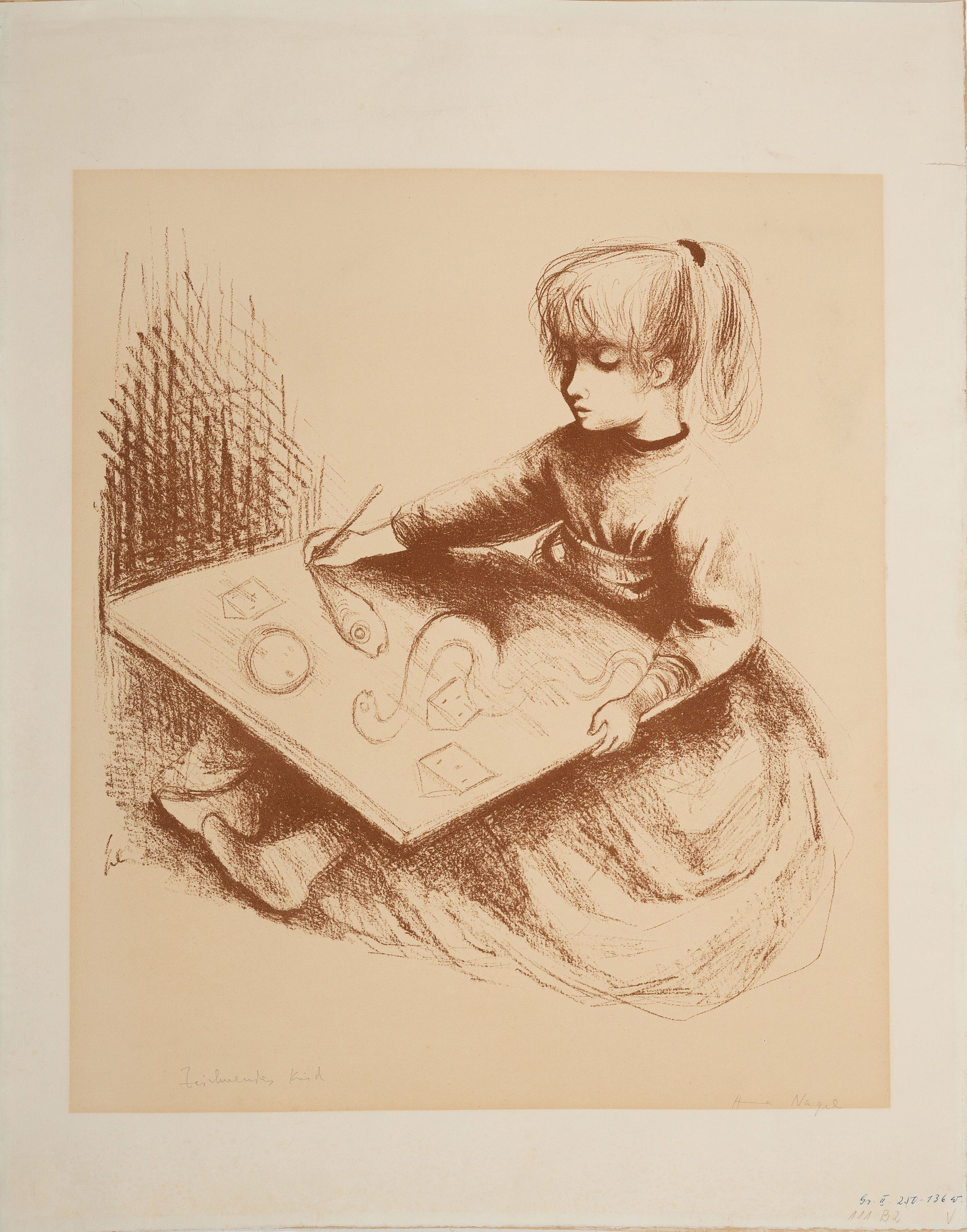 Nagel Hanna, 1907-1975, Kreidelithografie, titel: Zeichnendes Kind, sign., ca. 61x48 cm, Gebrsp., kl. Riss