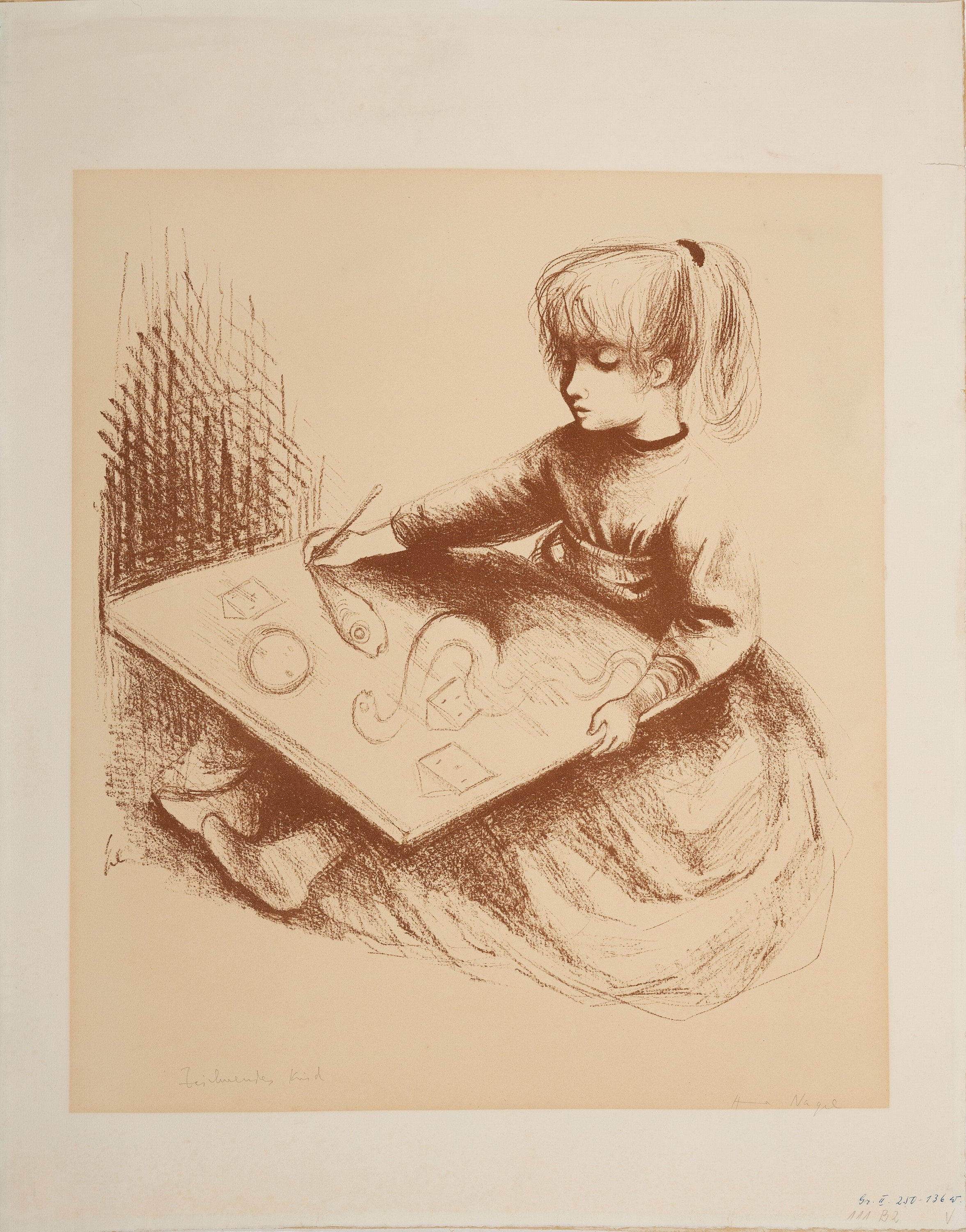 Detail k: Nagel Hanna, 1907-1975, Kreidelithografie, titel: Zeichnendes Kind, sign., ca. 61x48 cm, Gebrsp., kl. Riss