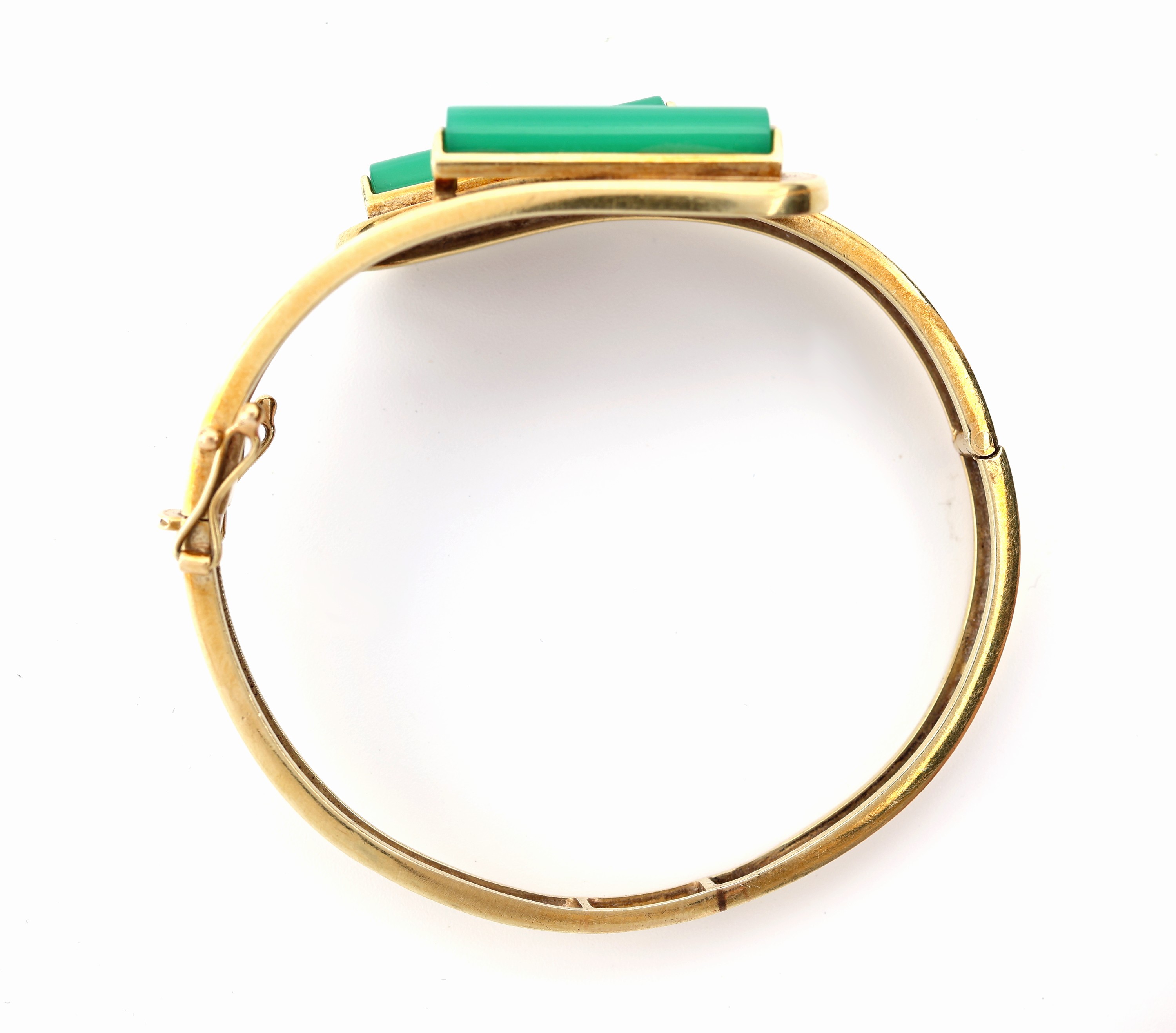 Detail a: 14 kt Gold Chrysopras-Schmuckset, GG 585/000 best. aus: Armreif, besetzt mit 2 rechteckigen Chrysoprasen, ca. 5.5 x 5 cm und Ring, besetzt mit ...