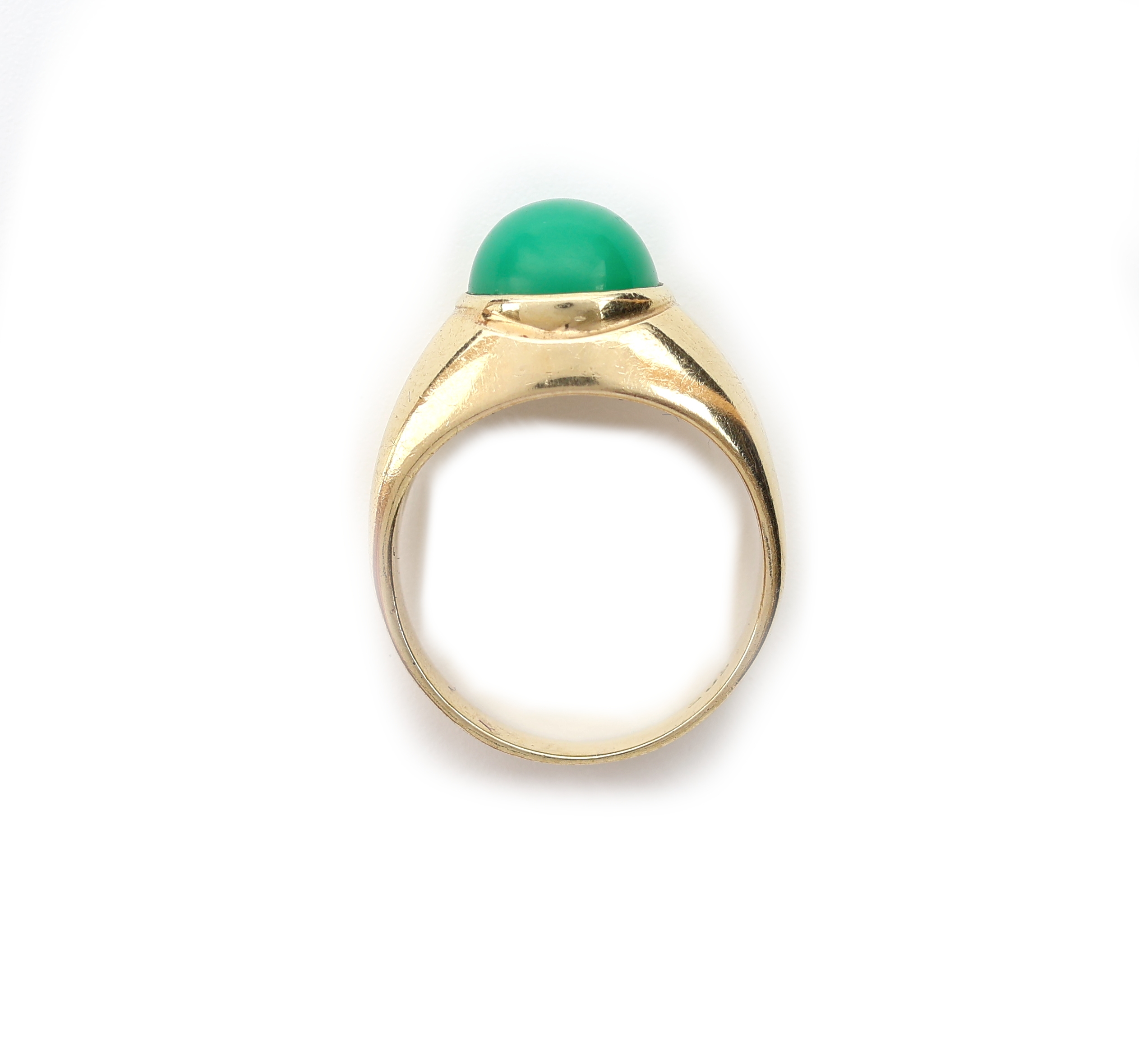 Detail c: 14 kt Gold Chrysopras-Schmuckset, GG 585/000 best. aus: Armreif, besetzt mit 2 rechteckigen Chrysoprasen, ca. 5.5 x 5 cm und Ring, besetzt mit ...