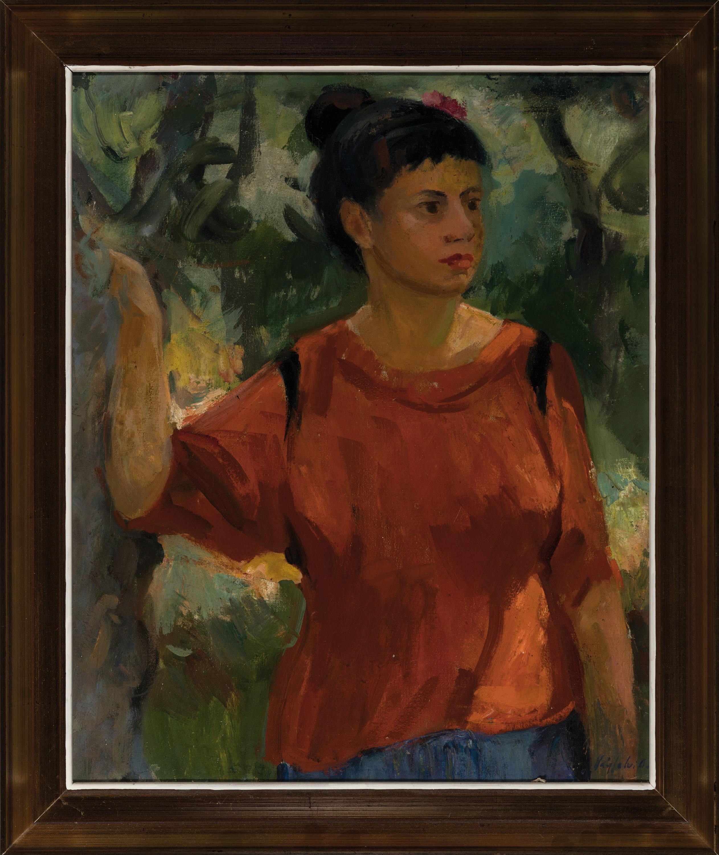 Detail k: Otto Vagfalvi, ungarischer Künstler, geb. 1925, junge Frau im roten Pulli, bez. "Pirosbluzos lany", Öl/Lwd, signiert, ca. 60 x 50 cm, ...