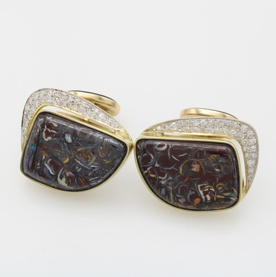 Image Paar Manschettenknöpfe mit Opalen und Diamanten, GG 585/000, 2 Opale zus. ca. 46.5 ...