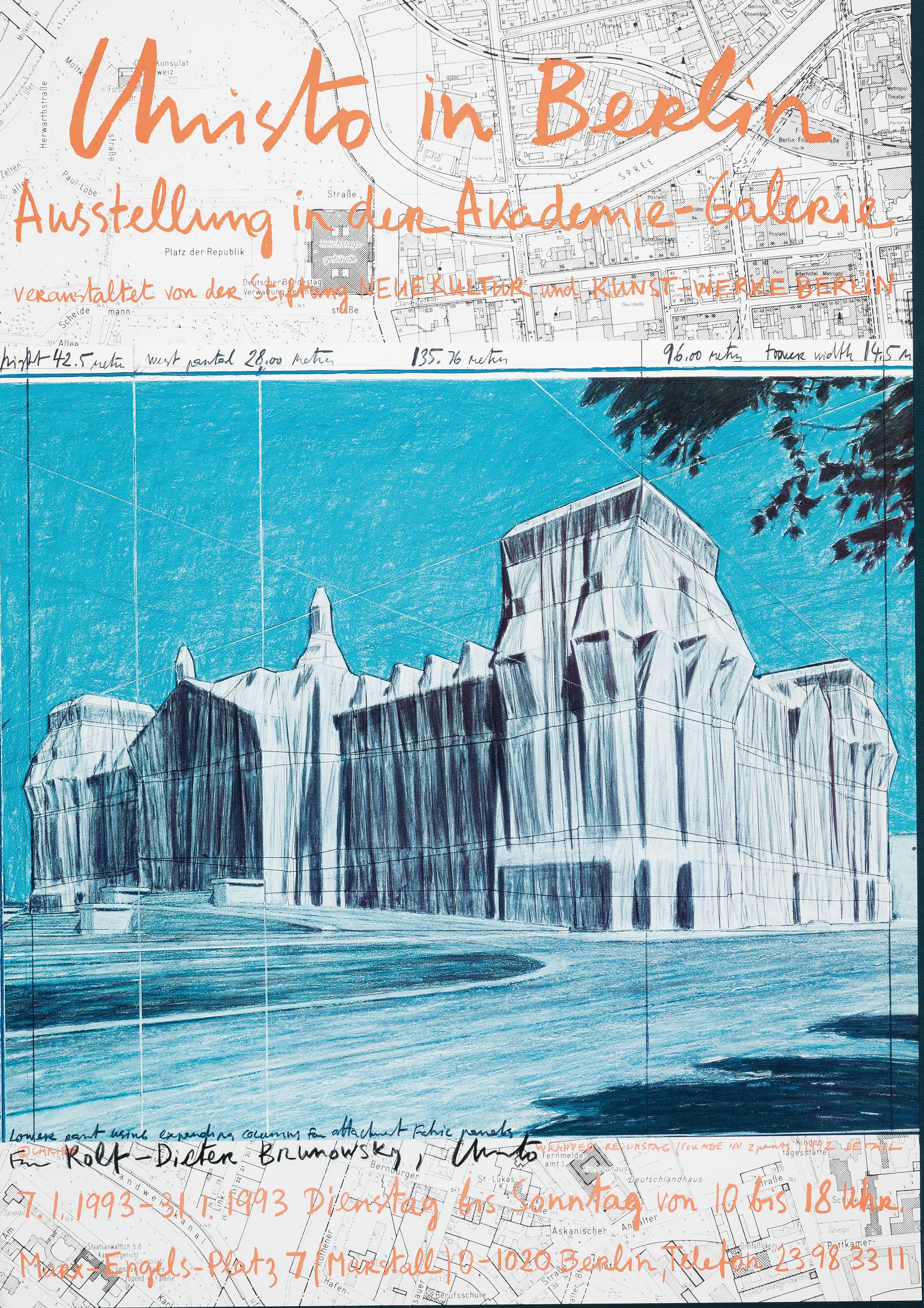 Christo und Jeanne-Claude, Christo in Berlin, Plakat zur Ausst. 1993, Farboffset, mit Widmung: Für Rolf-Dieter Brunowsky, Christo, ca. 84x60cm, ...