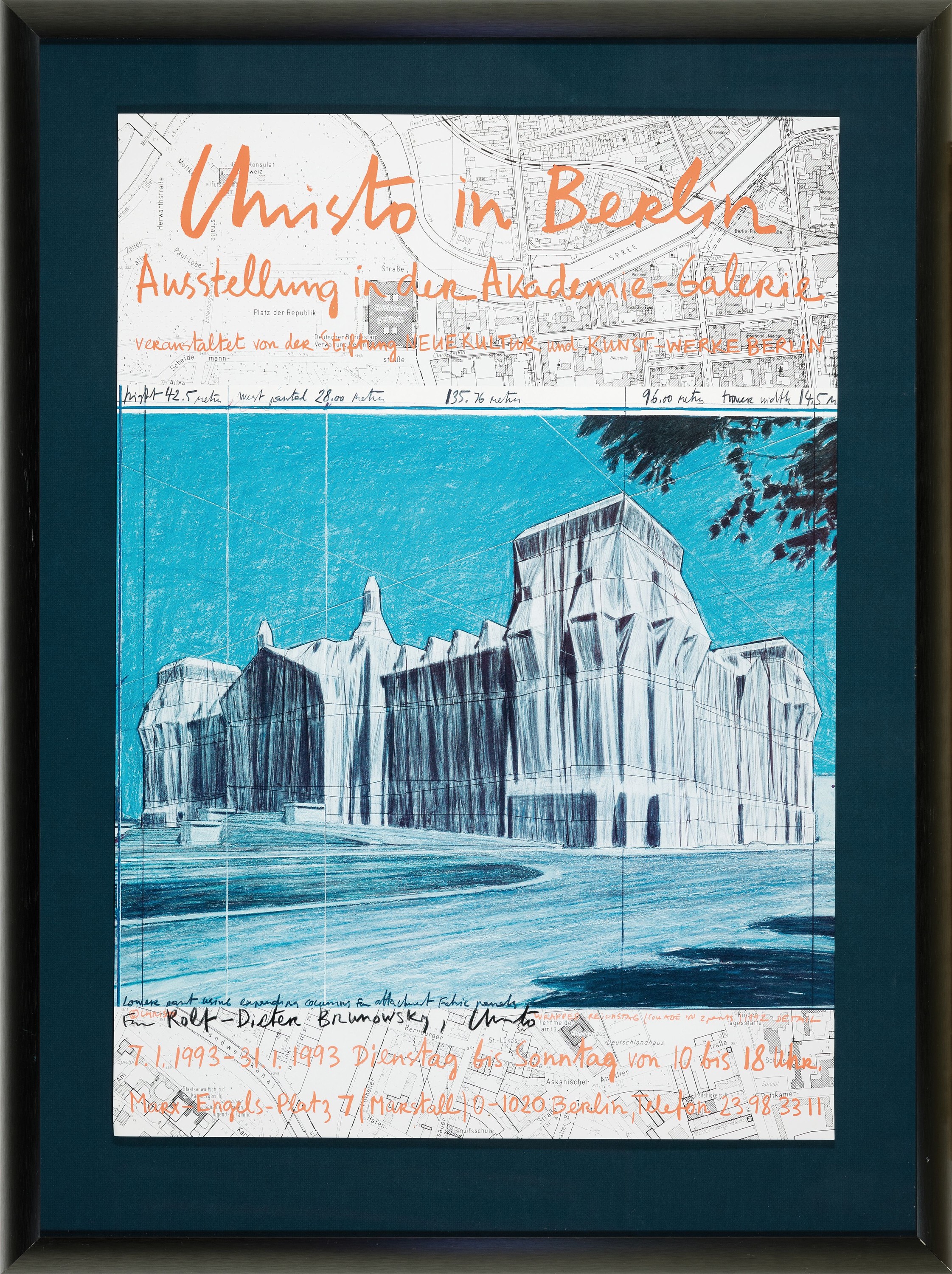 Detail k: Christo und Jeanne-Claude, Christo in Berlin, Plakat zur Ausst. 1993, Farboffset, mit Widmung: Für Rolf-Dieter Brunowsky, Christo, ca. 84x60cm, ...