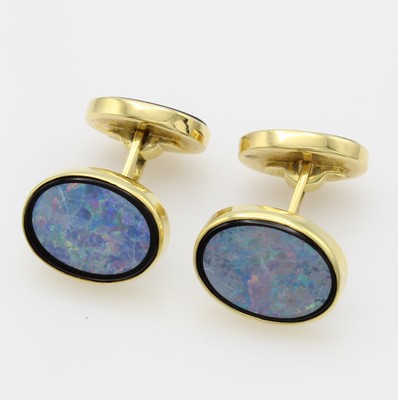 Image 26873103 - Paar Manschettenknöpfe mit Onyxen und Opal- inlays, GG 585/000, ovale Formen, ...