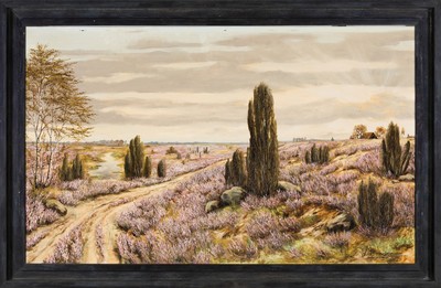 26873105k - W. Bender, Schriesheimer Maler, Weite blühende Heidelandschaft, Öl/Malkarton, ...