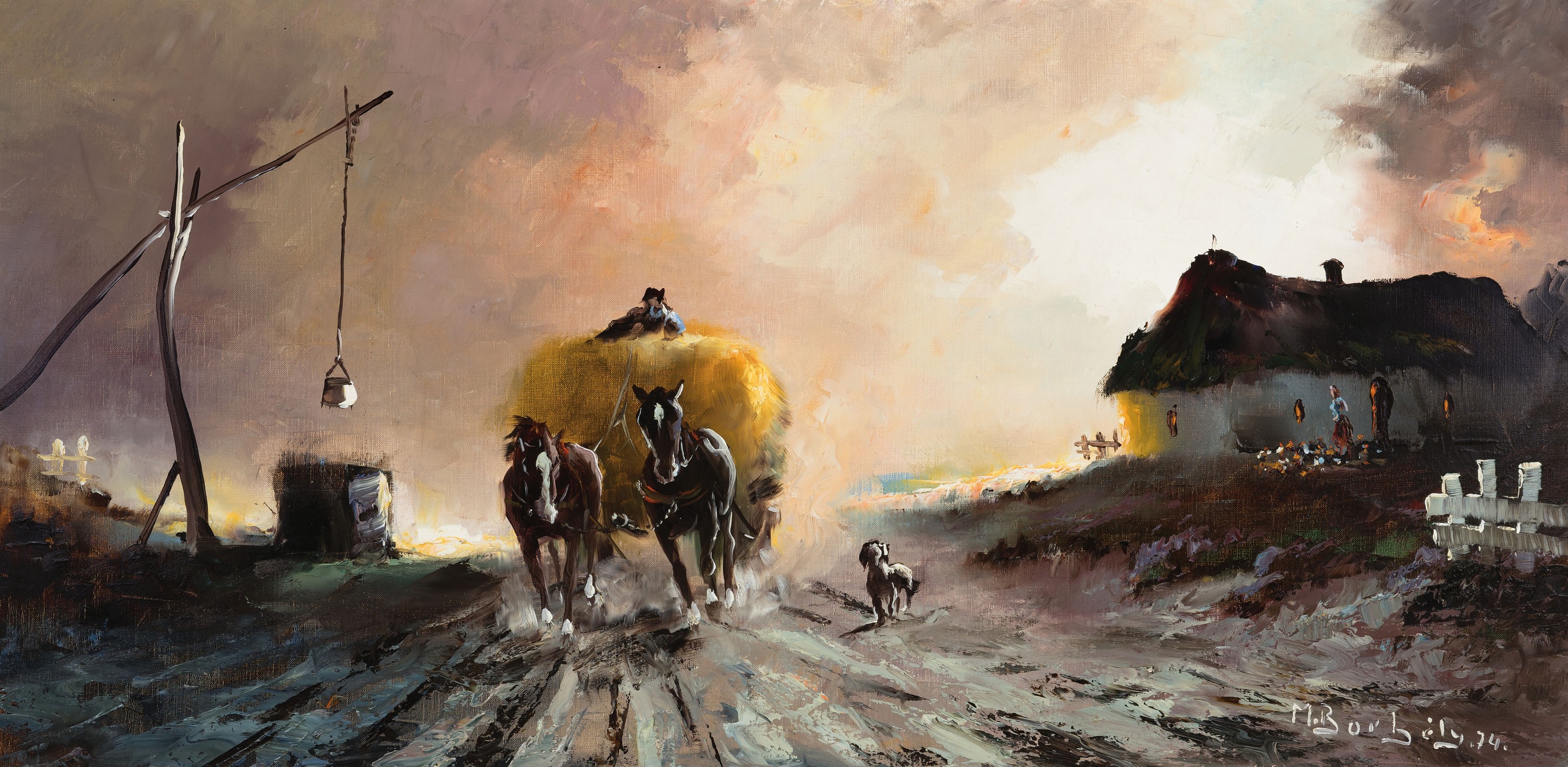 Mihail Borbely, geb. 1923 Ungarn, ungarische Landschaft mit Pferdewagen, Öl/Lwd, rechts unten sign. und dat. 74, ca. 50x100cm, R. ca. 76x116cm, ...