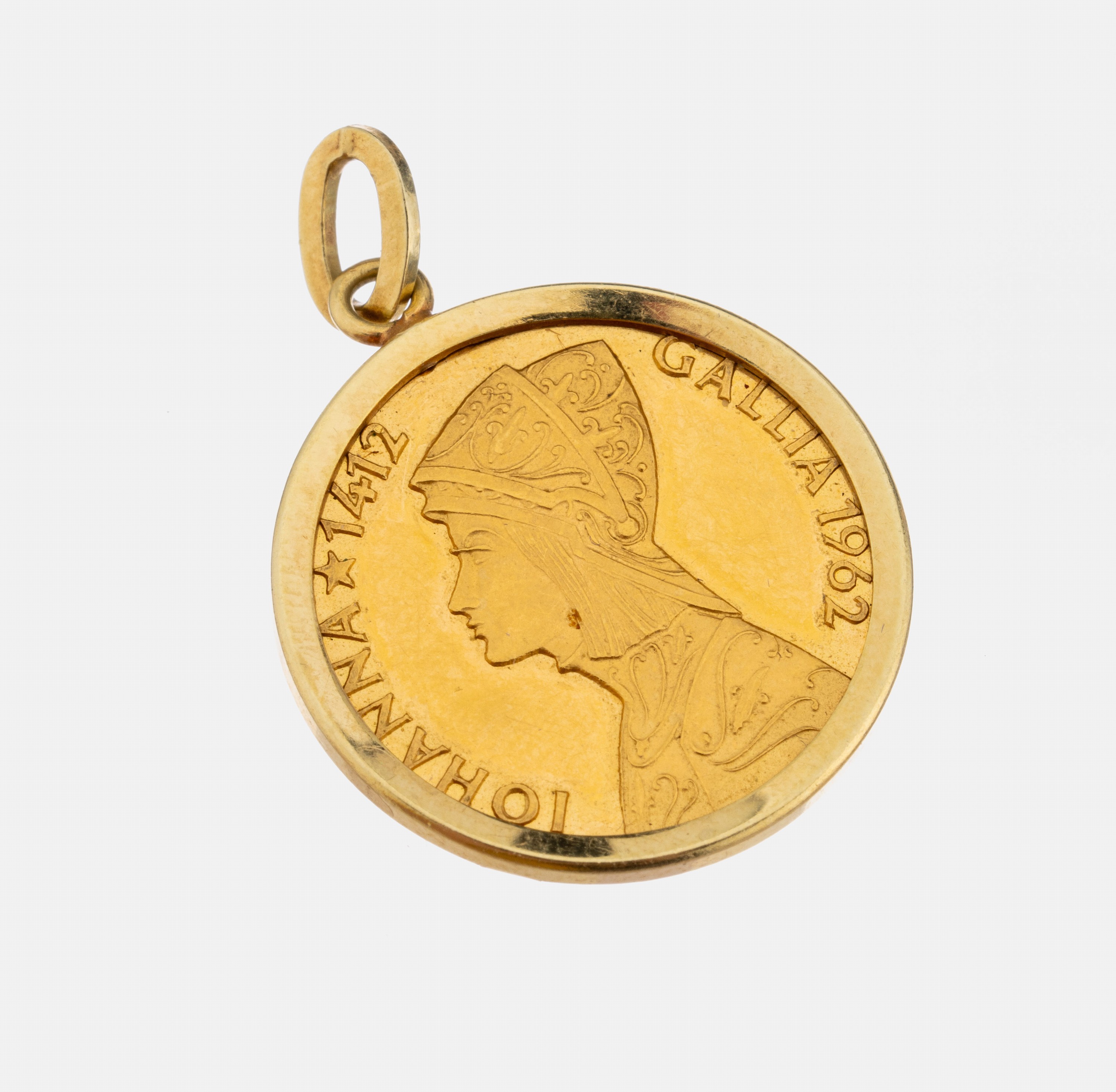 14 kt Gold Münz-Anhänger, GG 585/000, lose gefasste Goldmünze, Aureus Magnus Dukat, 986erGold, Iohanna 1412 Gallia 1962, ca. 4.2 g