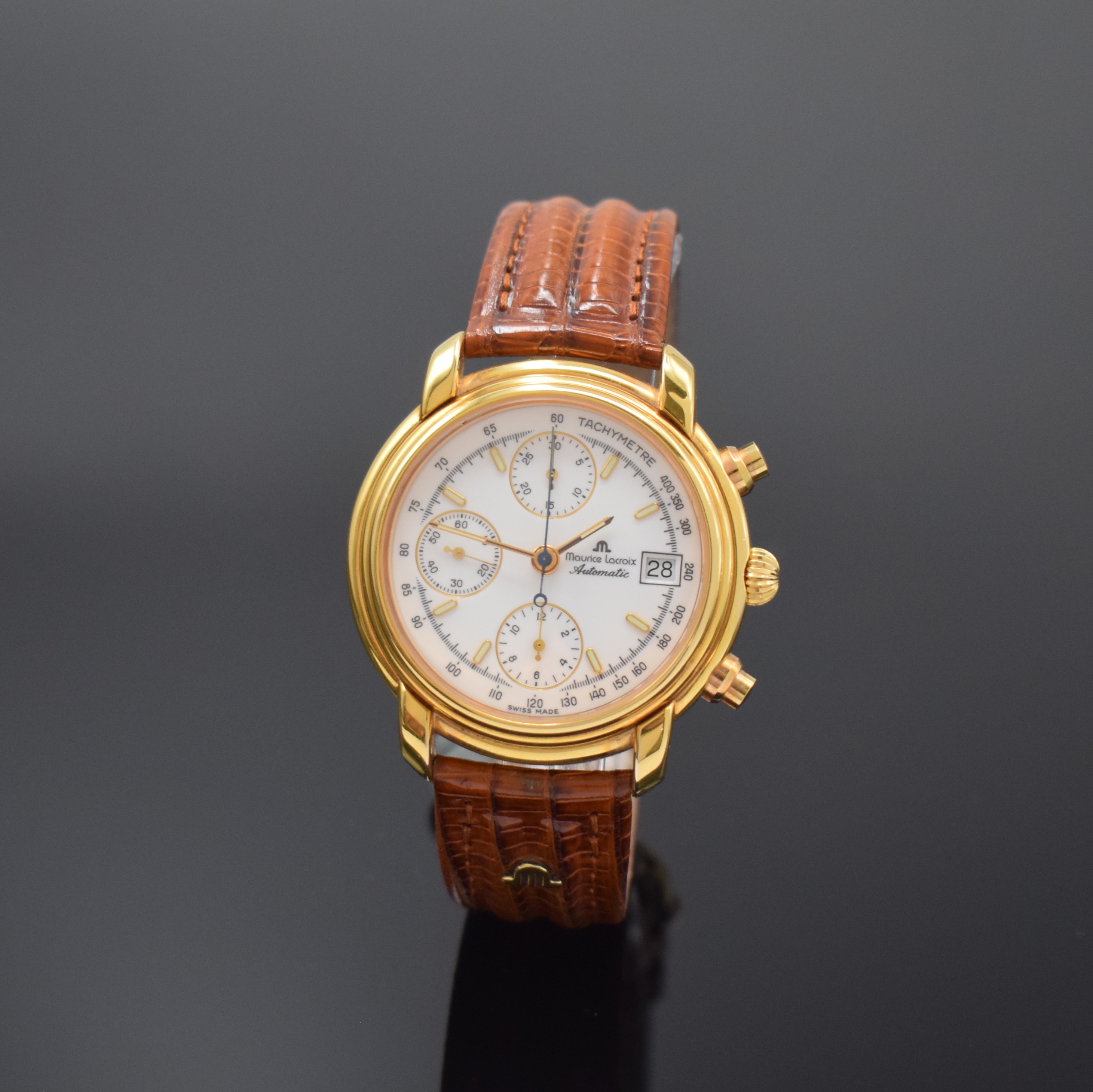 MAURICE LACROIX Armbandchronograph, Schweiz um 2000, Automatik, verg. Geh., Boden aufgedr., orig. Lederband m. orig. Dornschl., emailfarb. Zifferbl. ...