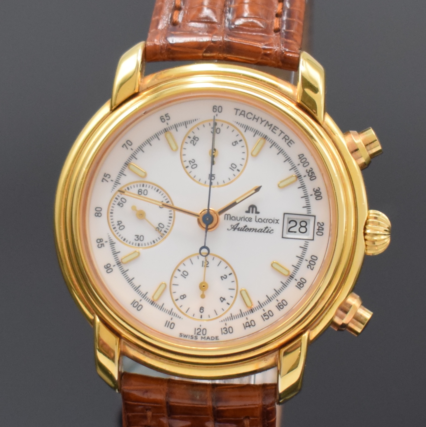 Detail a: MAURICE LACROIX Armbandchronograph, Schweiz um 2000, Automatik, verg. Geh., Boden aufgedr., orig. Lederband m. orig. Dornschl., emailfarb. Zifferbl. ...