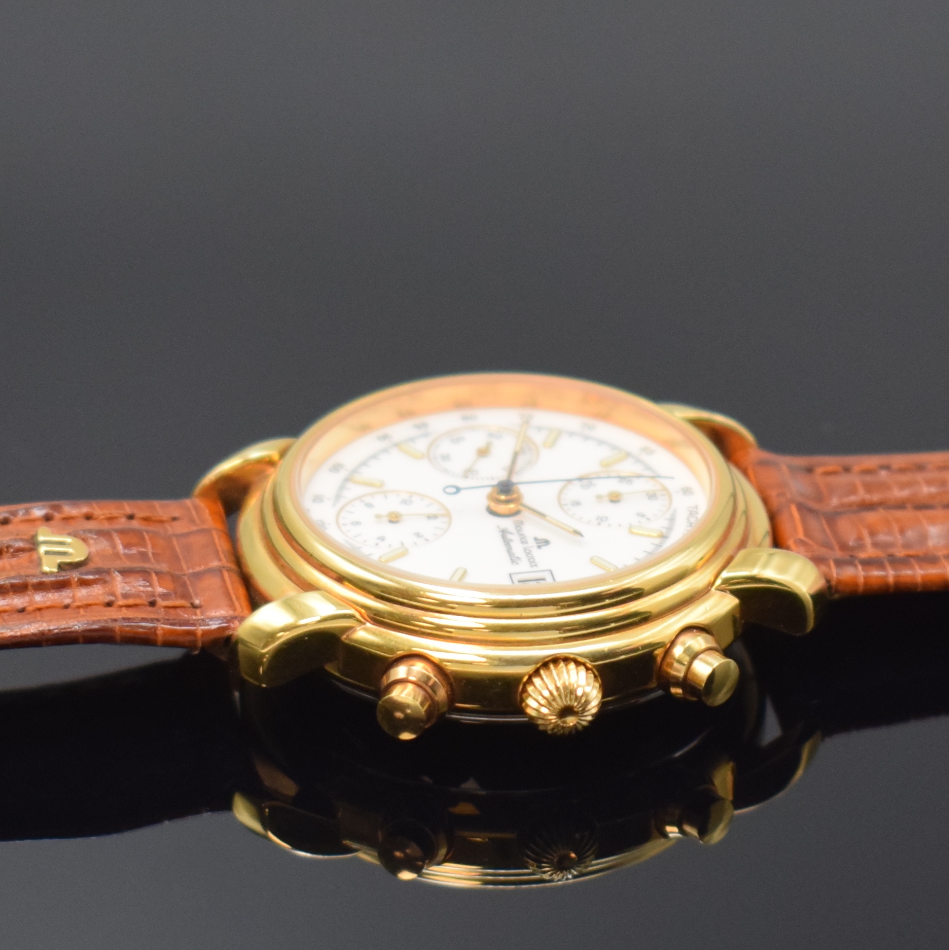 Detail b: MAURICE LACROIX Armbandchronograph, Schweiz um 2000, Automatik, verg. Geh., Boden aufgedr., orig. Lederband m. orig. Dornschl., emailfarb. Zifferbl. ...