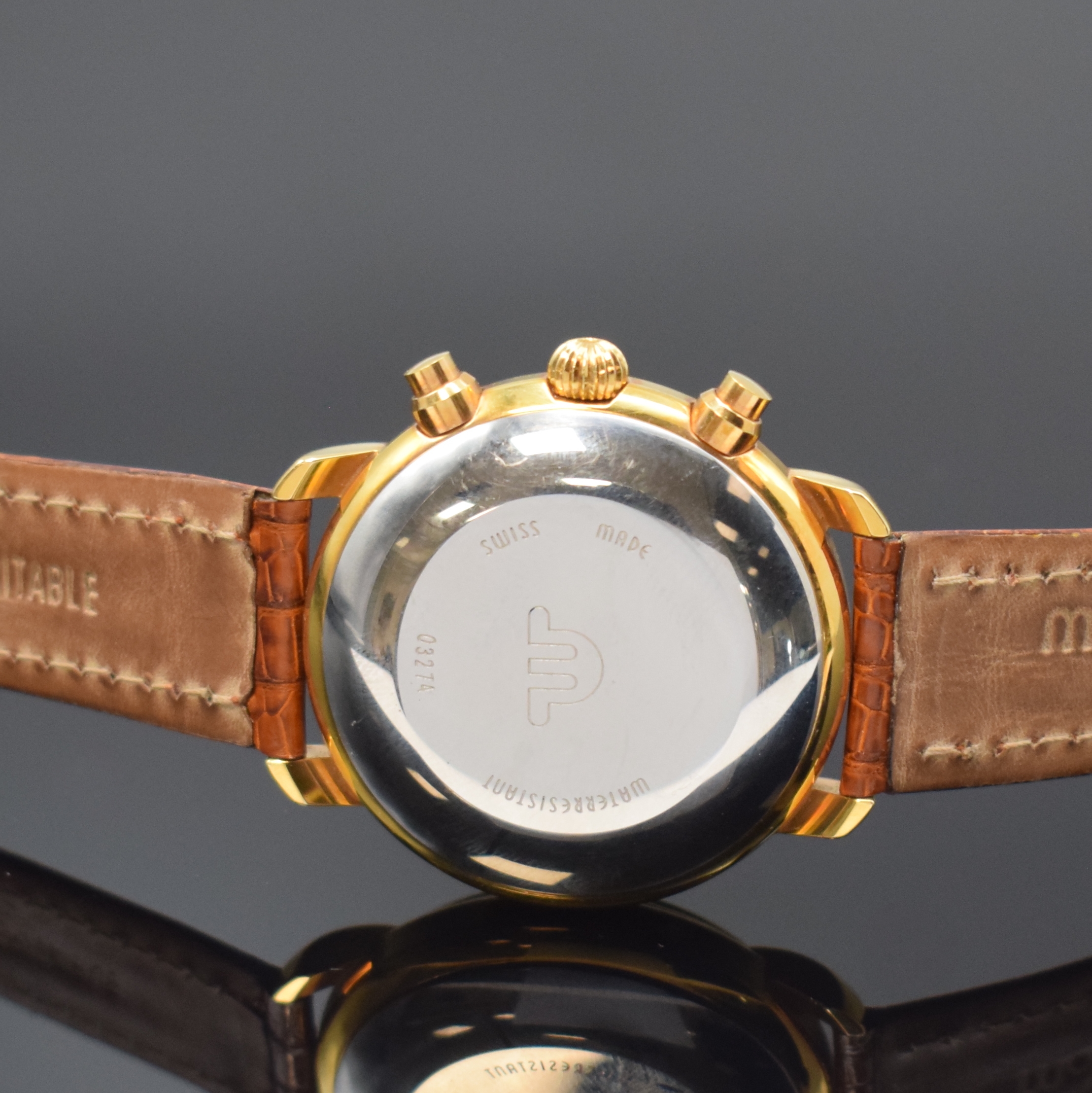 Detail d: MAURICE LACROIX Armbandchronograph, Schweiz um 2000, Automatik, verg. Geh., Boden aufgedr., orig. Lederband m. orig. Dornschl., emailfarb. Zifferbl. ...
